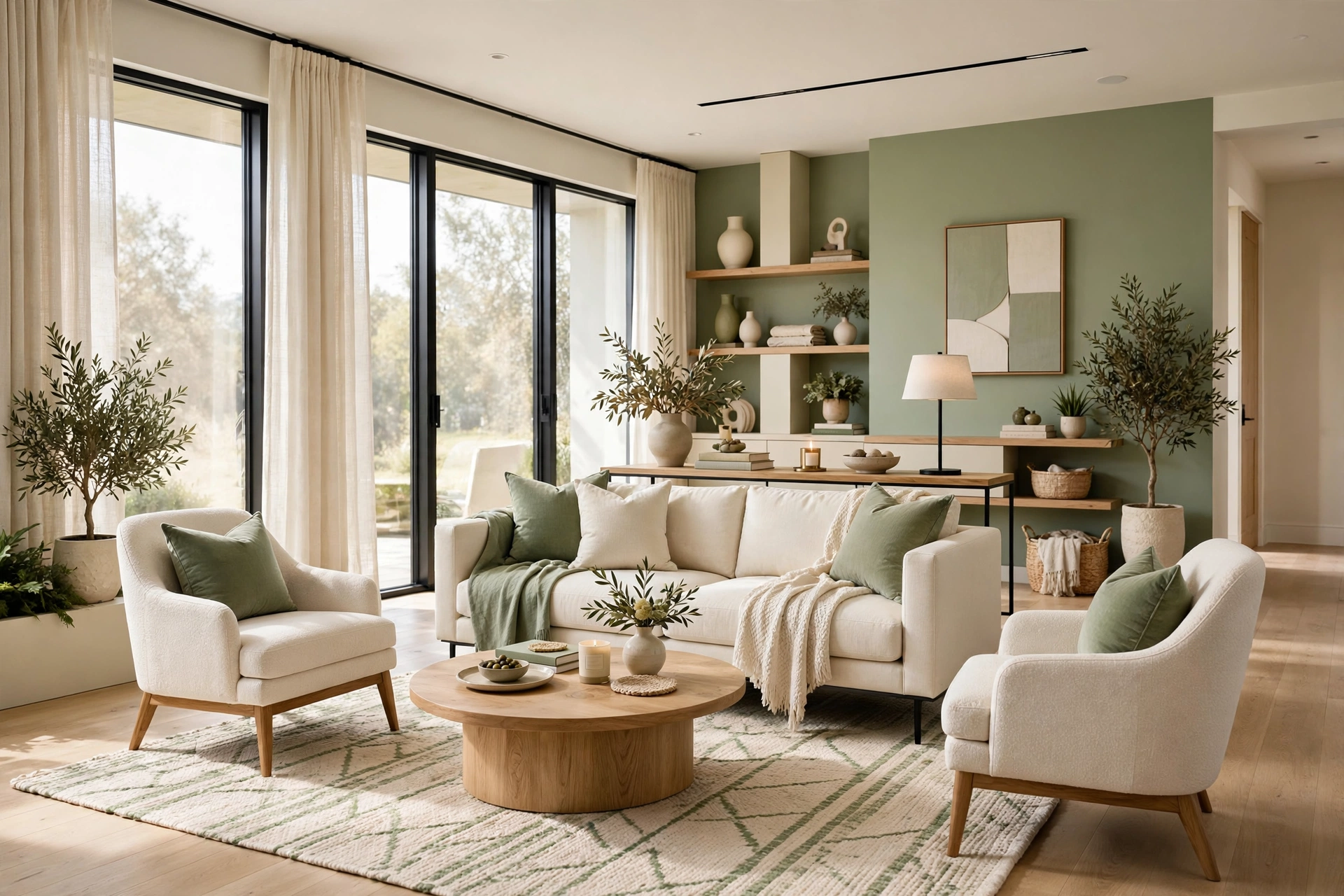 Inviting living room with the sofa floated off the wall and chairs angled inward around a coffee table