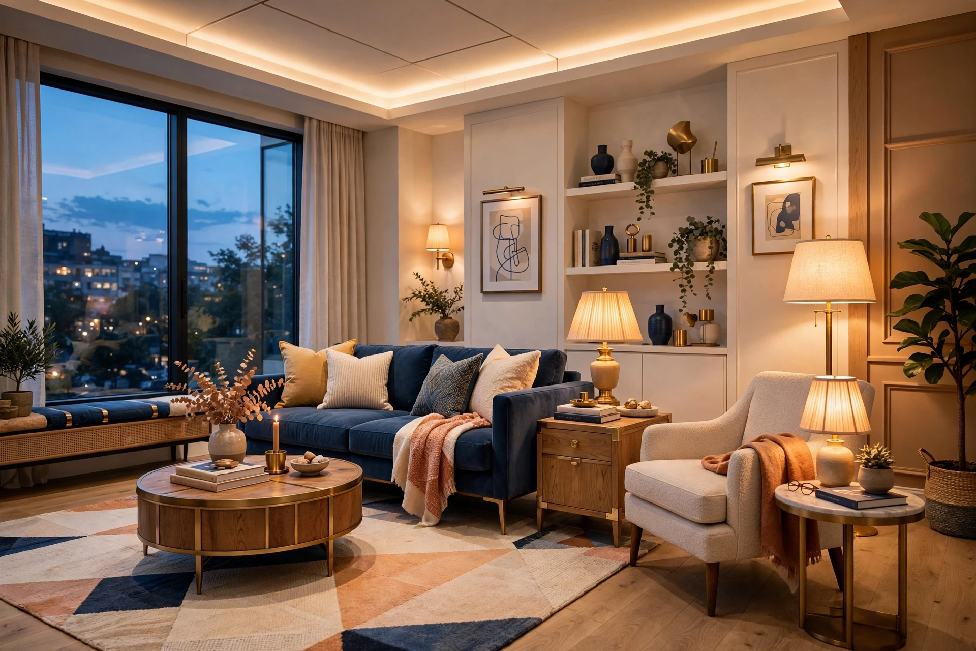 Warm living room at dusk with layered lighting from a floor lamp, table lamp, and soft ceiling glow