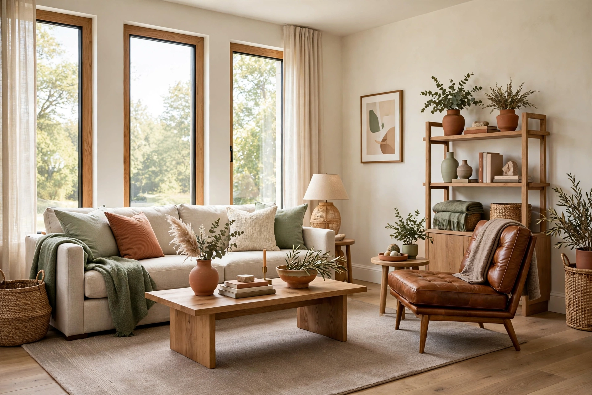 Harmonious living room in warm neutrals with terracotta and sage accents in balanced proportions