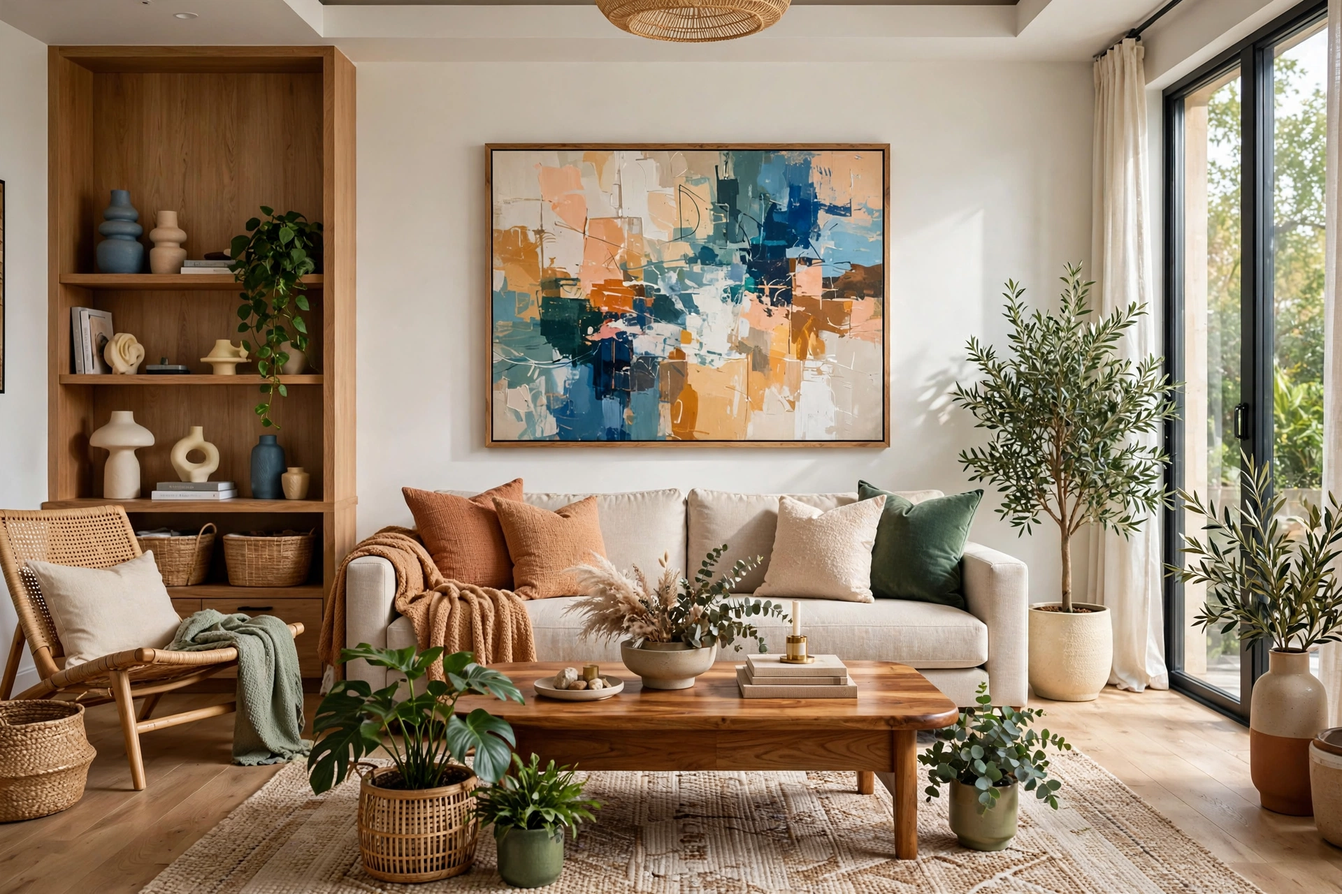 Polished living room with one large framed artwork hung at eye level above the sofa