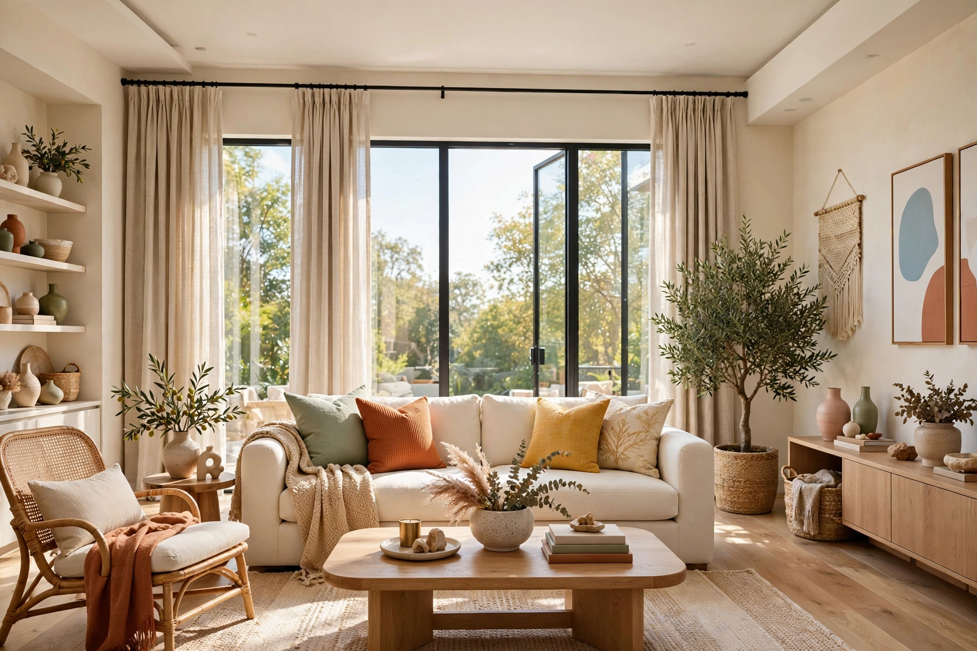 Bright living room with floor-length curtains mounted high and wide framing tall windows