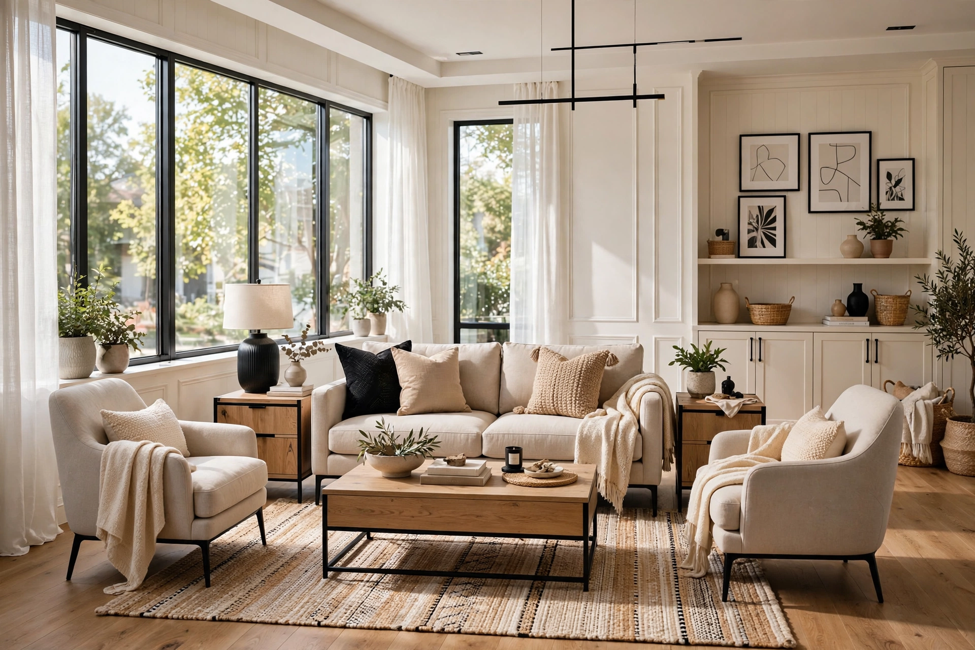 Balanced living room with right-scale furniture, proportioned sofa and matching armchairs