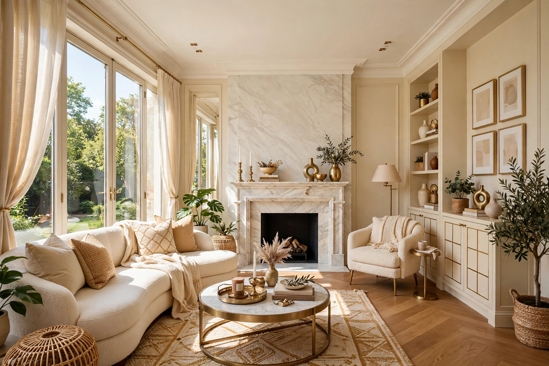 Bright elegant living room with a stone fireplace as the focal point, sofa and armchairs arranged around it, warm layered lighting
