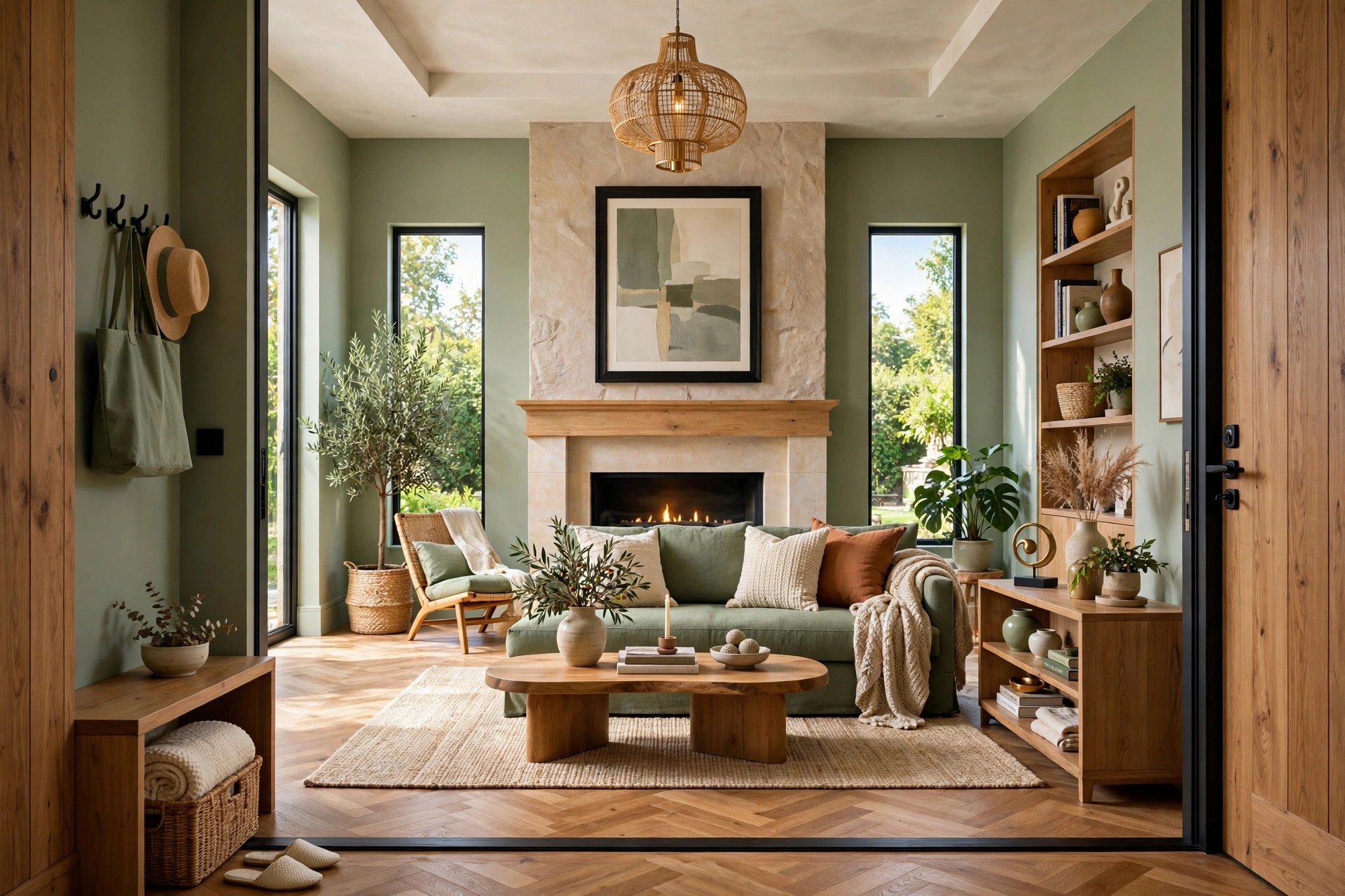 Bright living room with the eye drawn to a fireplace focal point framed by a large mirror and styled mantel