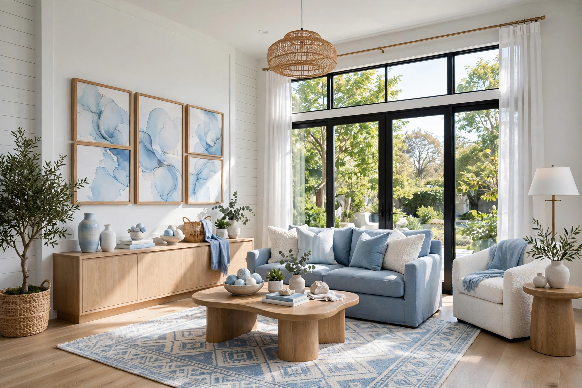 Sunlit living room showing a natural fireplace focal point beside a deep green painted accent wall as a created focal point