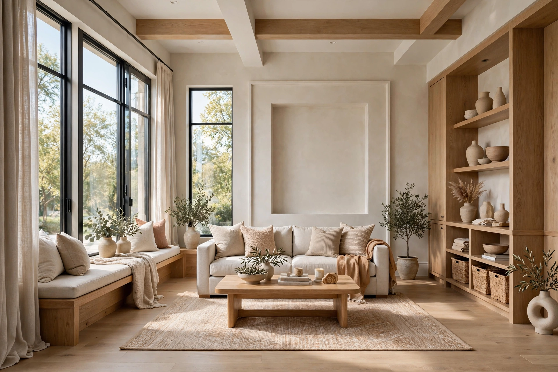Bright living room viewed from the doorway with the gaze landing on a fireplace and large framed artwork