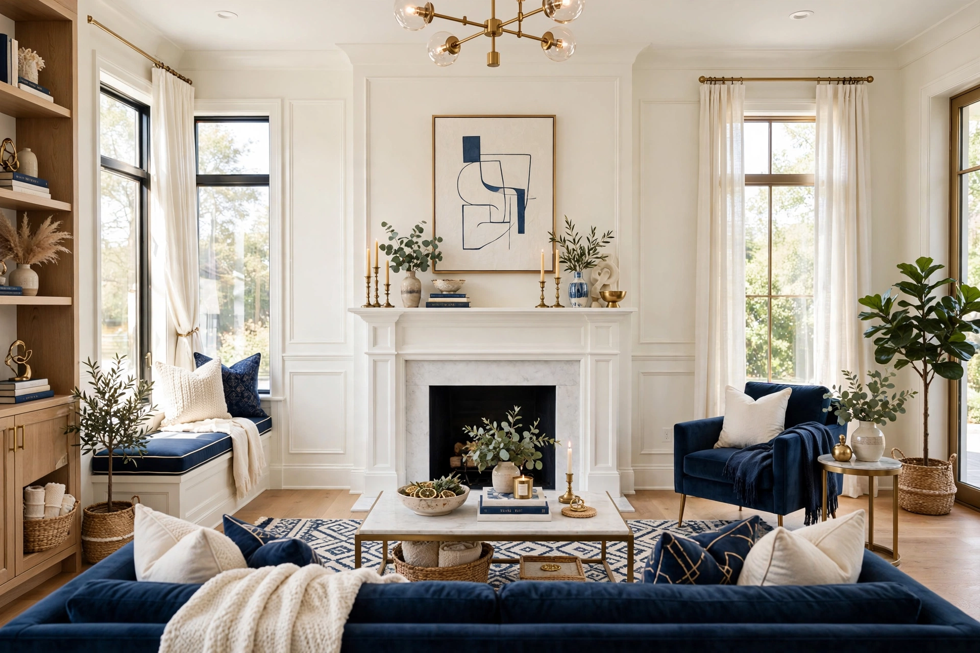 Warm bright living room with a classic brick fireplace focal point, symmetrical sconces, and seating facing the hearth