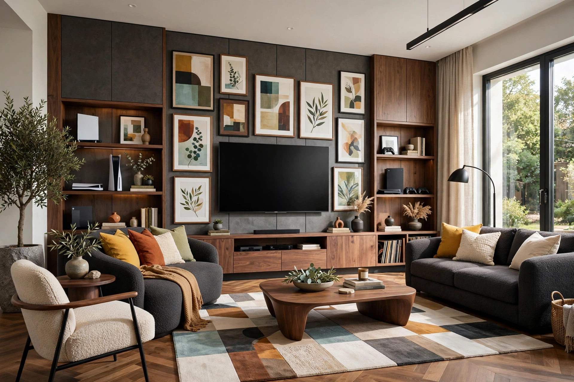 Modern bright living room with a styled TV media wall, low console, and balanced shelving flanking the screen