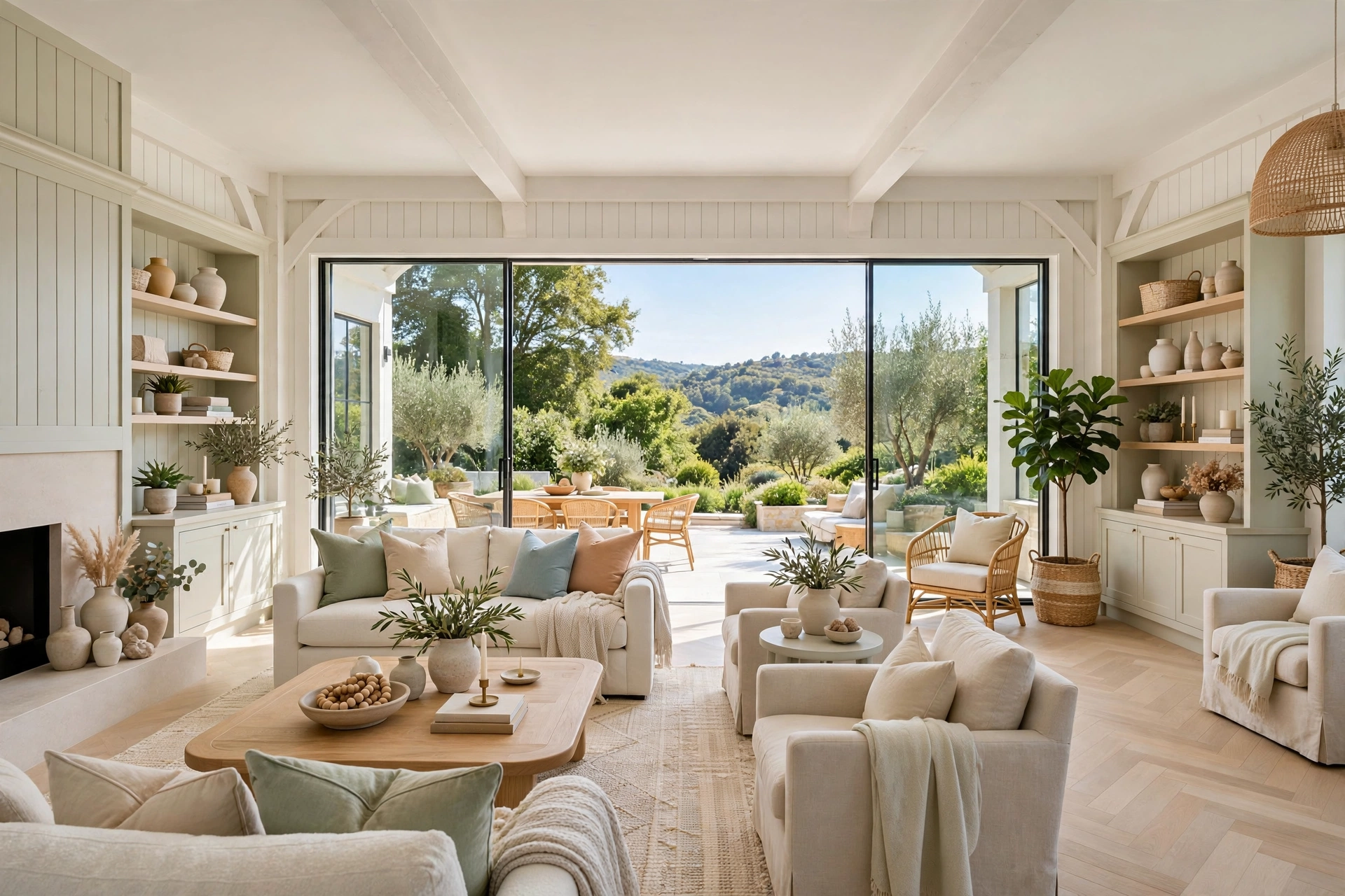 Bright airy living room with floor-to-ceiling windows as the focal point, low sofa preserving the garden view