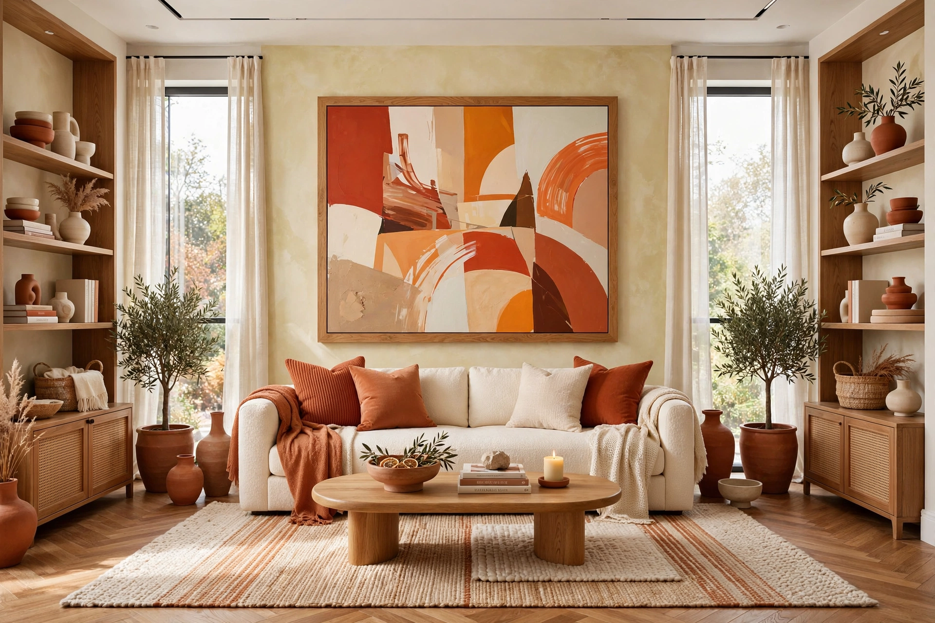 Bright living room with one oversized abstract canvas as the focal point hung above a linen sofa