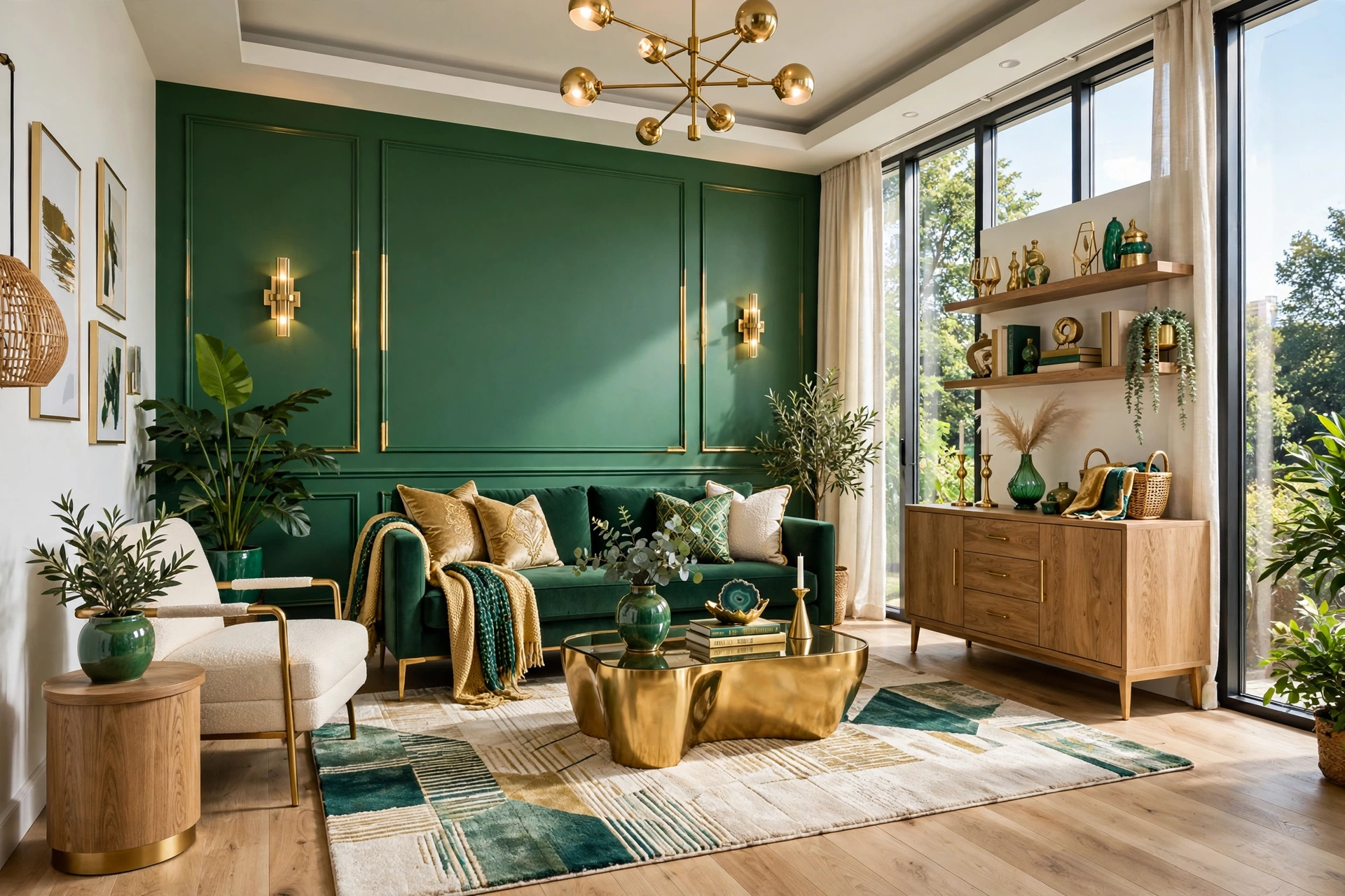 Bright living room with a deep forest green accent wall as the focal point behind the main sofa