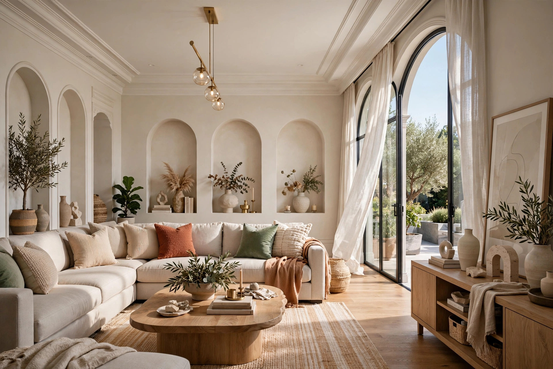 Bright living room with an exposed brick wall as the architectural focal point, warm wood and greenery around it