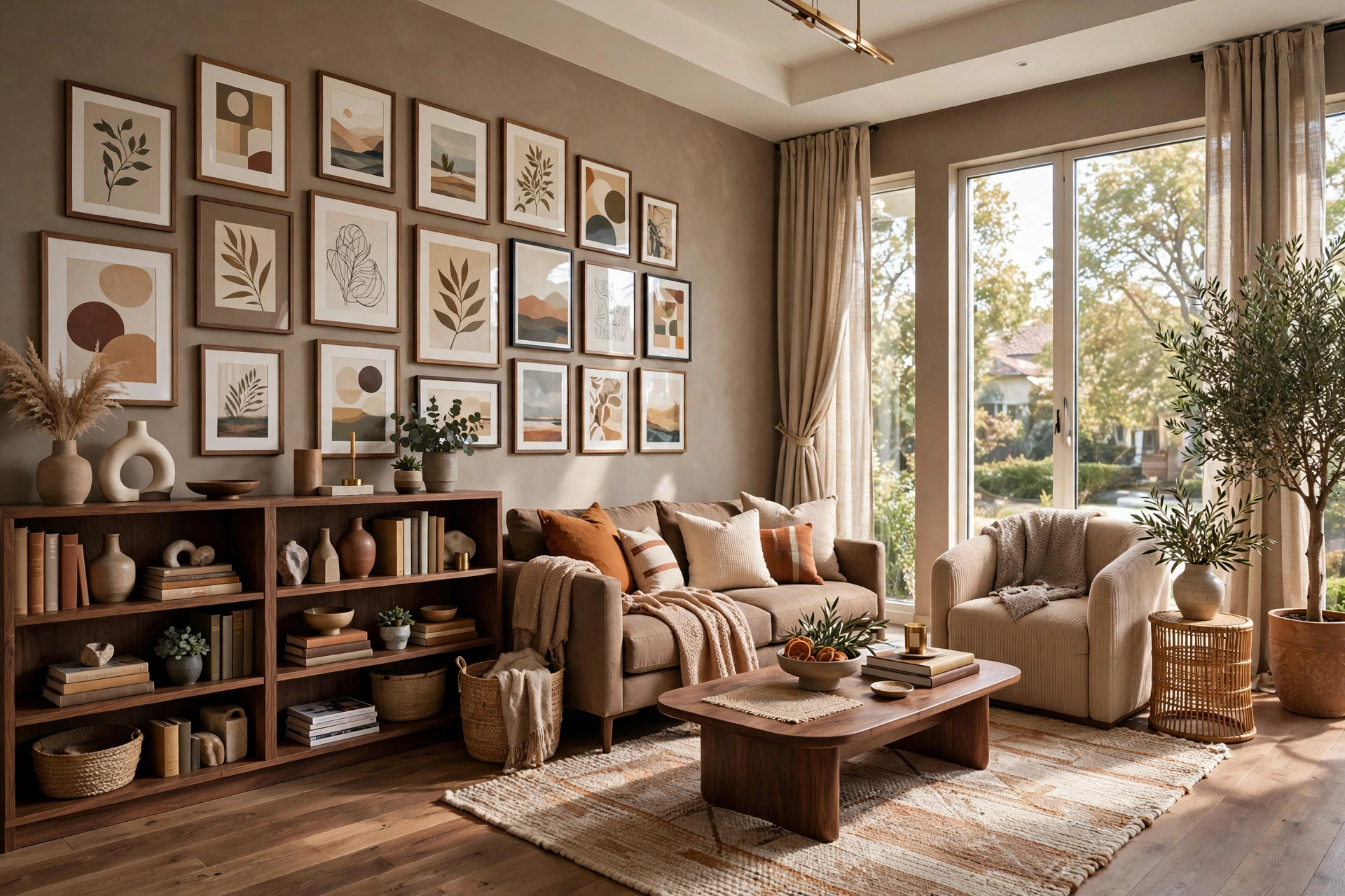 Bright living room with a curated gallery wall as the focal point, matching frames arranged above the sofa