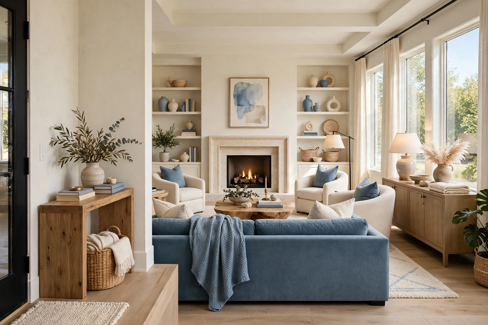 Bright living room with sofa and armchairs angled toward a fireplace focal point, clear walking lane behind the sofa