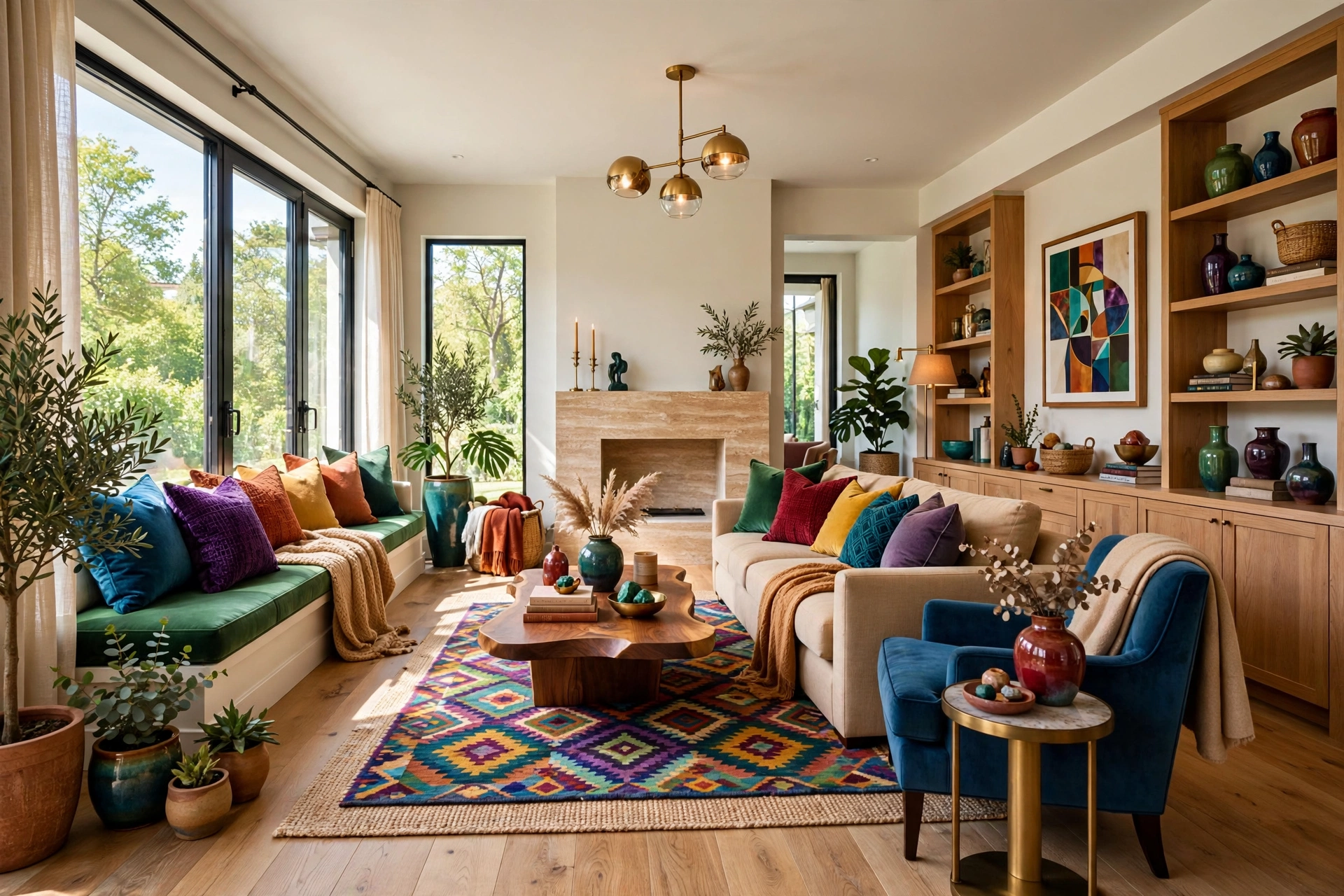 Bright living room demonstrating scale, color, and balance around a large artwork focal point over the sofa