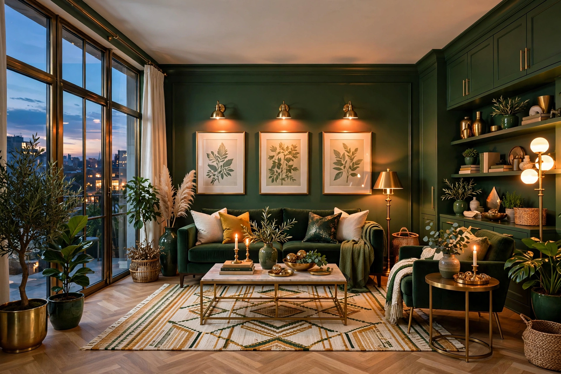 Cozy living room at dusk with a picture light washing over the artwork focal point and warm flanking lamps
