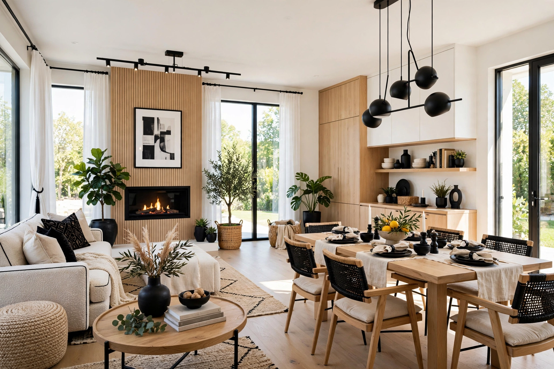 Bright open-plan living and dining space with a fireplace focal point in the living zone and a pendant-lit dining zone