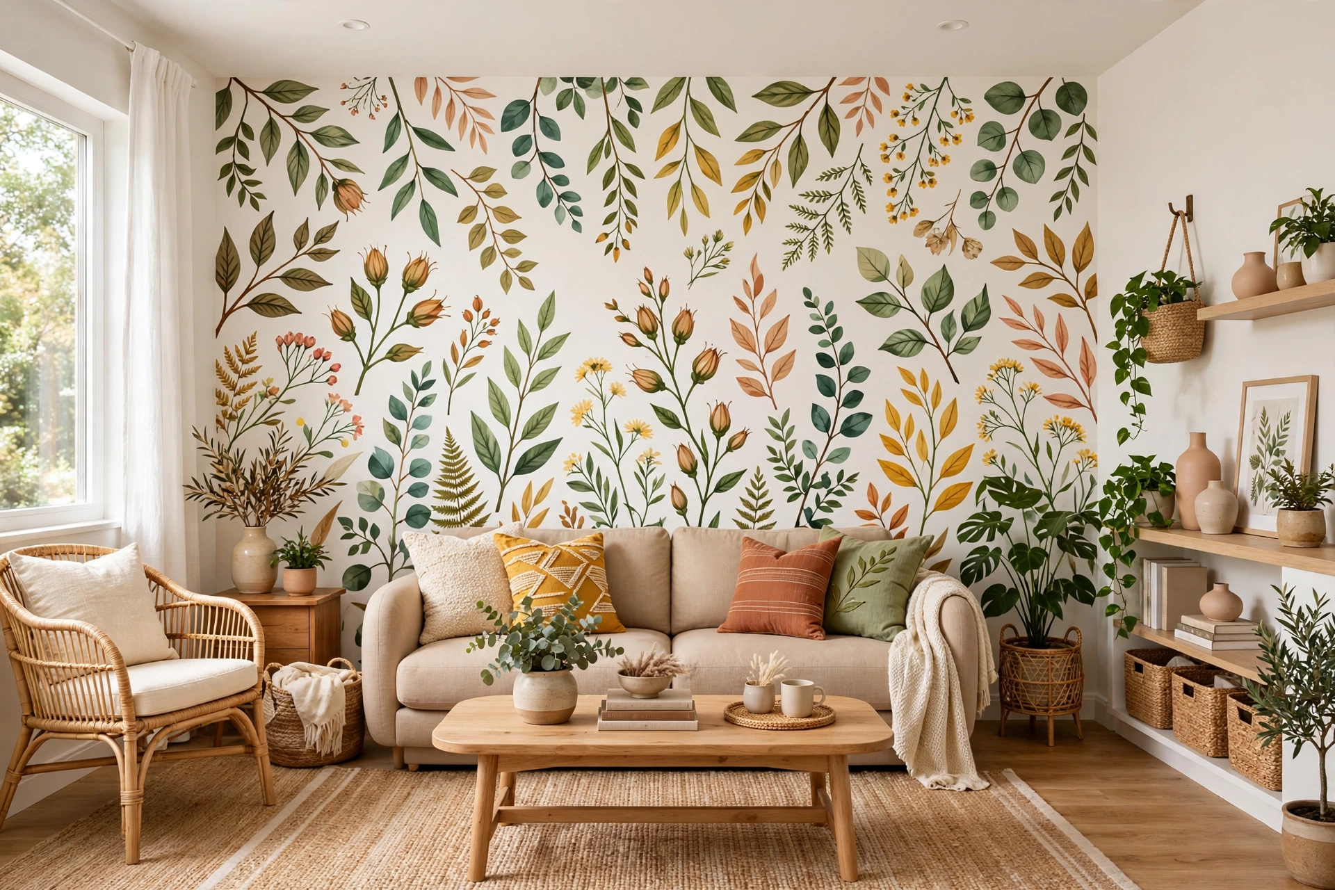 Bright rental living room with a large leaned artwork as a renter-friendly focal point, no wall holes