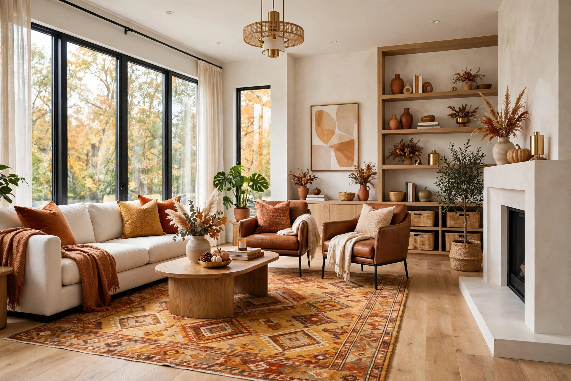 Warm patterned area rug anchoring a cozy fall living room seating area