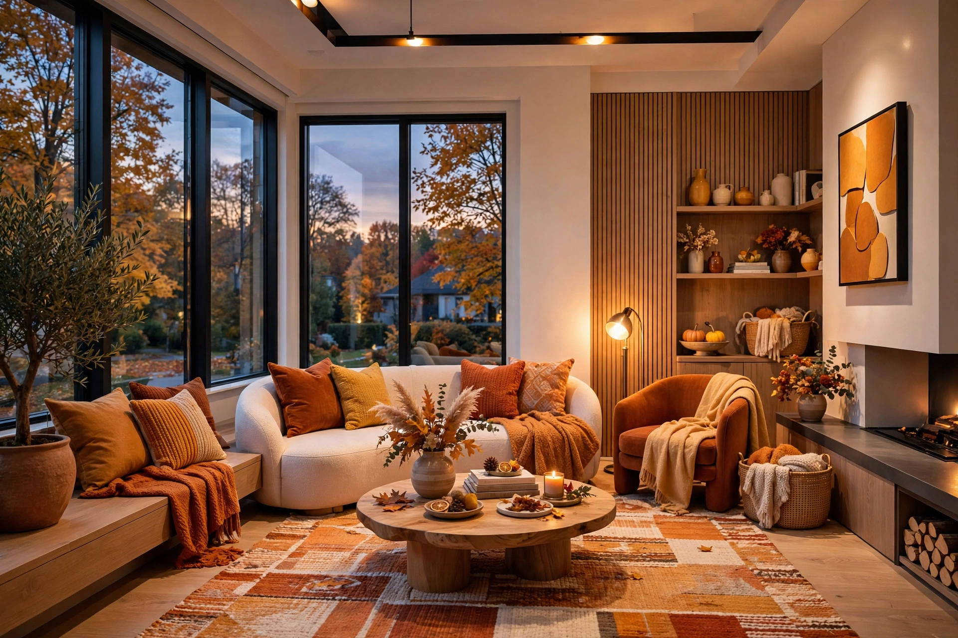 Living room glowing with warm lamplight at dusk in amber tones