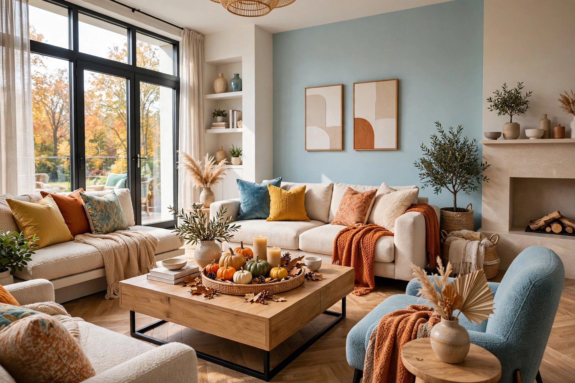 Coffee table styled with a fall tray of pumpkins, candles and dried leaves