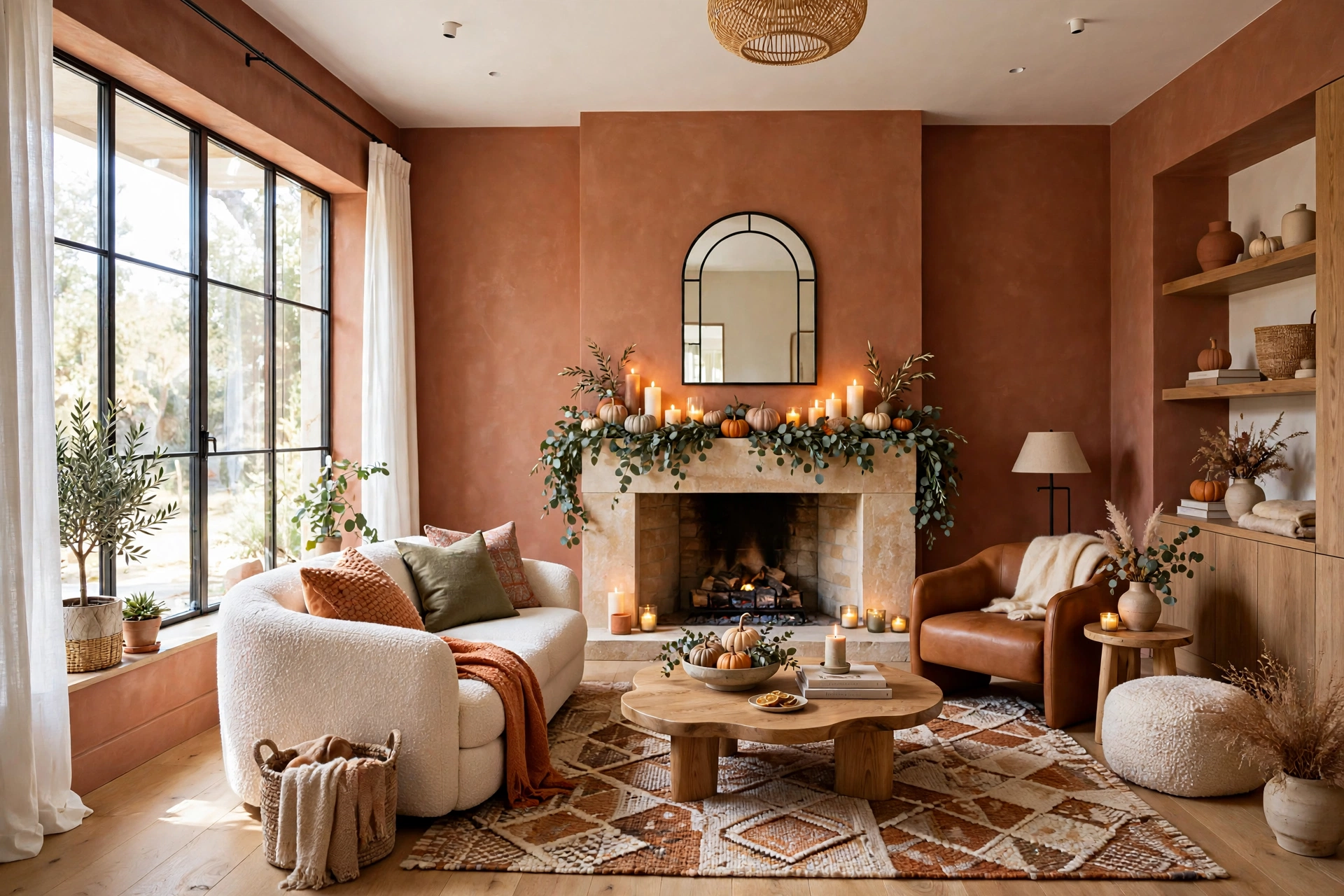 Fireplace mantel decorated for fall with garland, pumpkins and candles