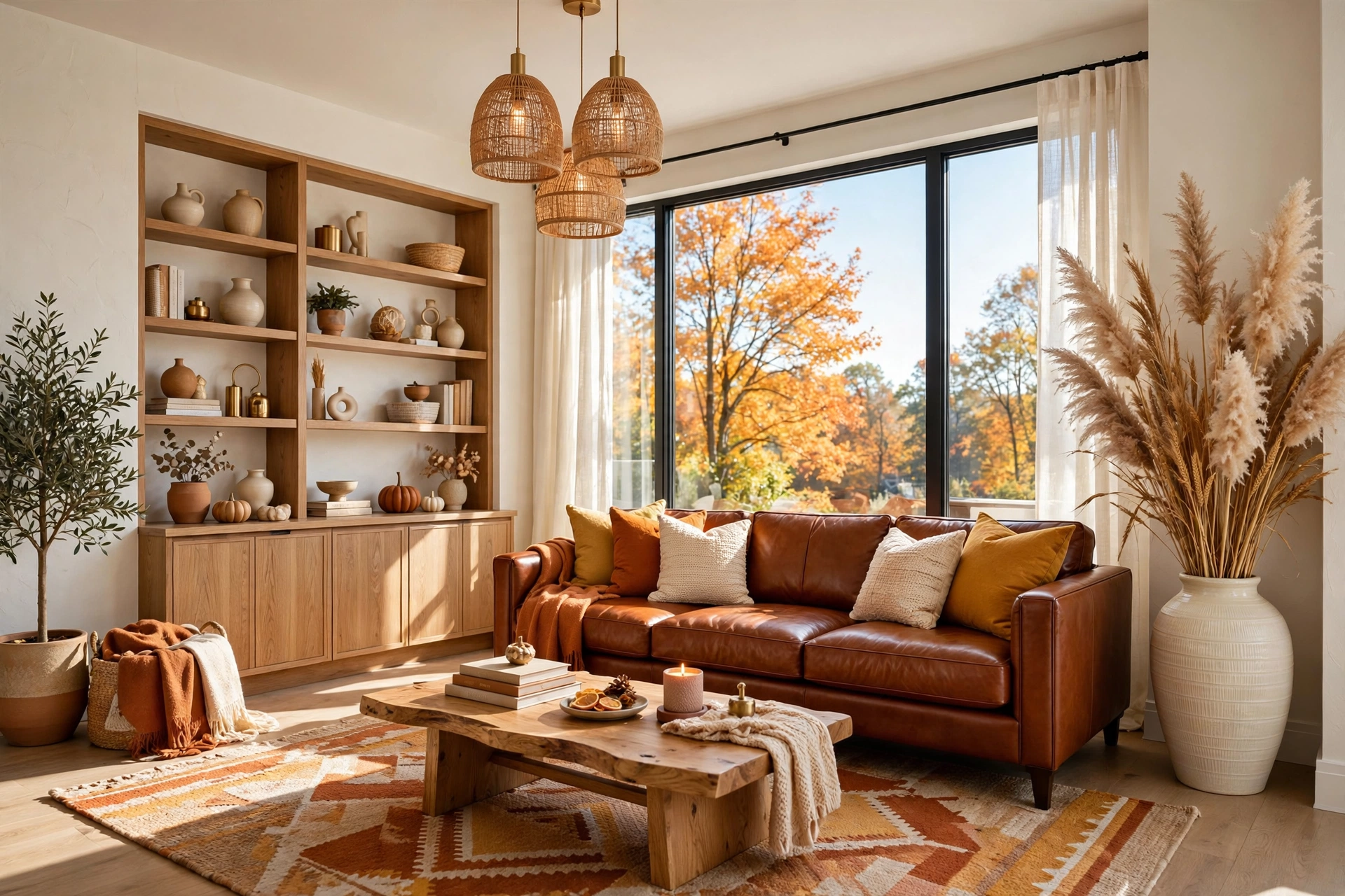 Tall vase of dried pampas grass and wheat in a bright fall living room