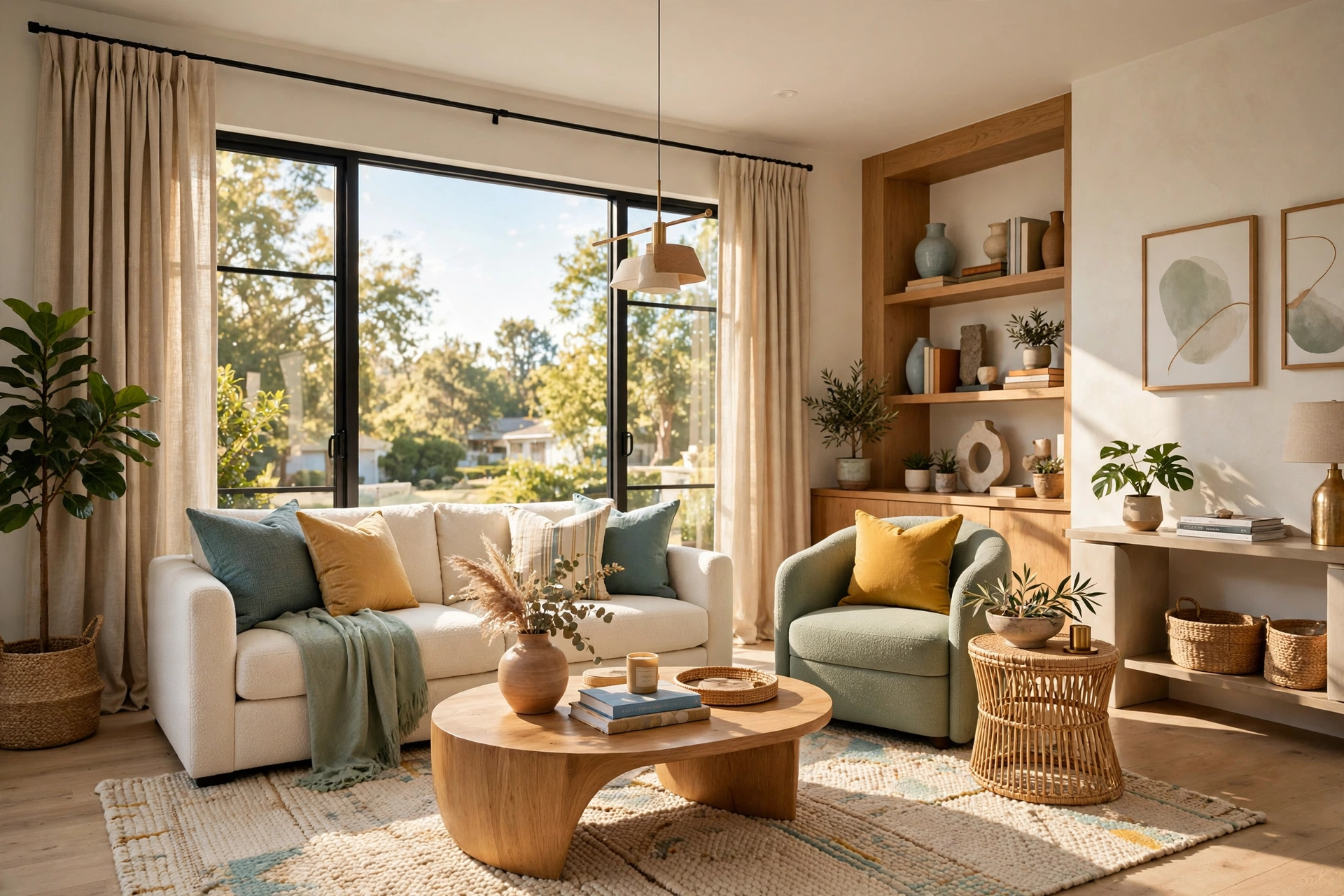 Floor-length linen curtains in warm beige framing a bright living room window