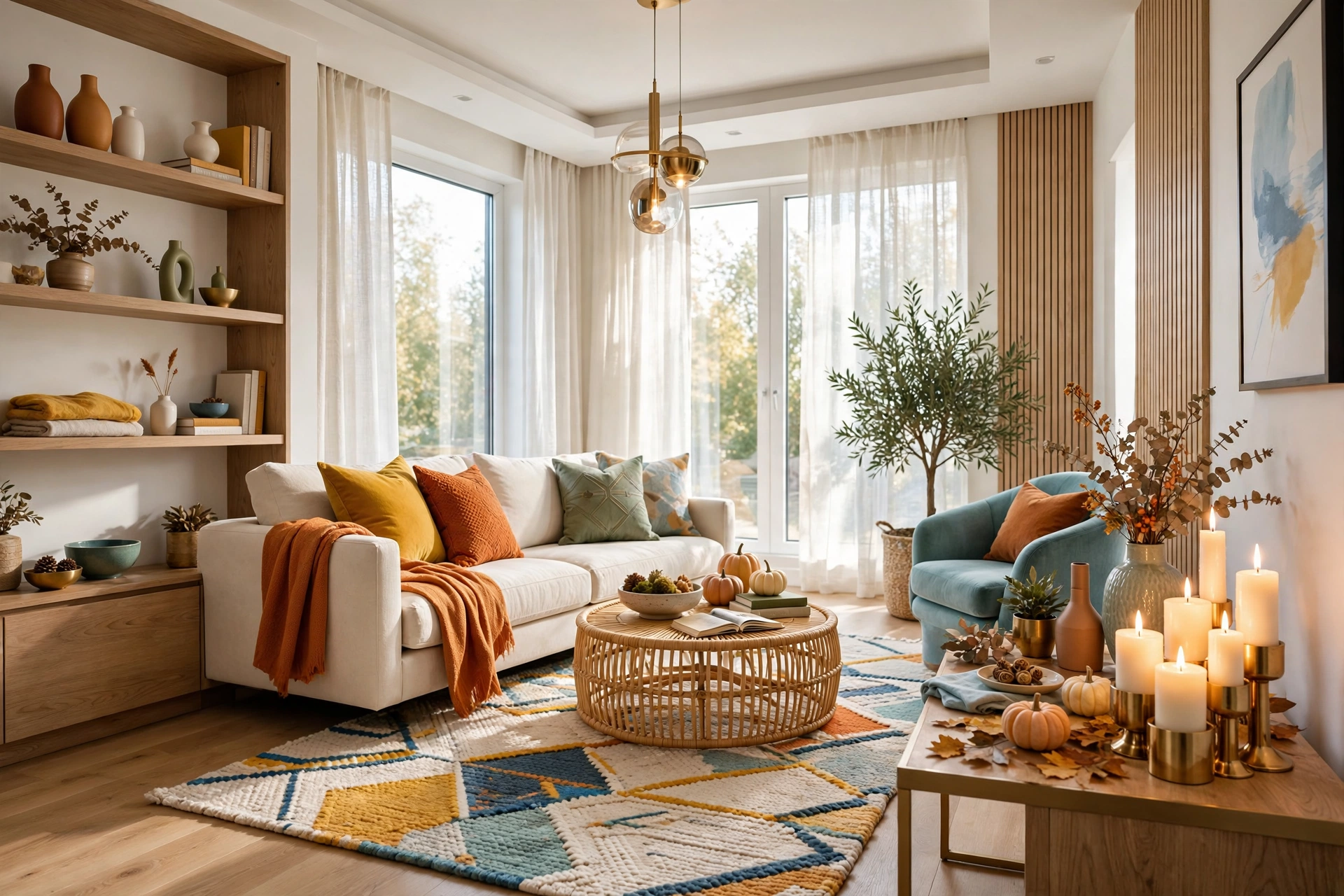 Cluster of glowing candles and fall decor on a living room side table