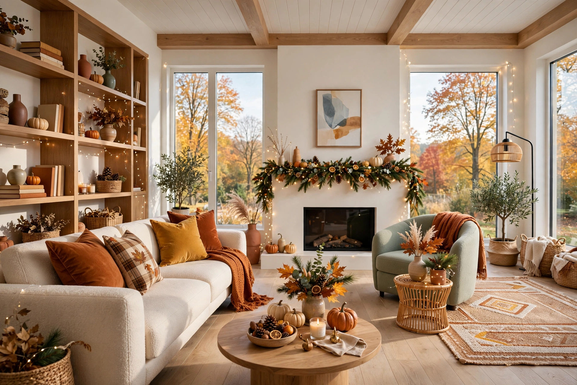 Fall living room with subtle early holiday touches, warm and inviting
