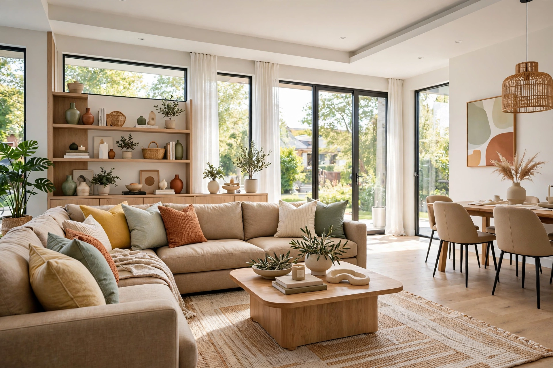 Bright modern living room with a large L-shaped sectional sofa in warm beige fabric, entire room visible wall-to-wall