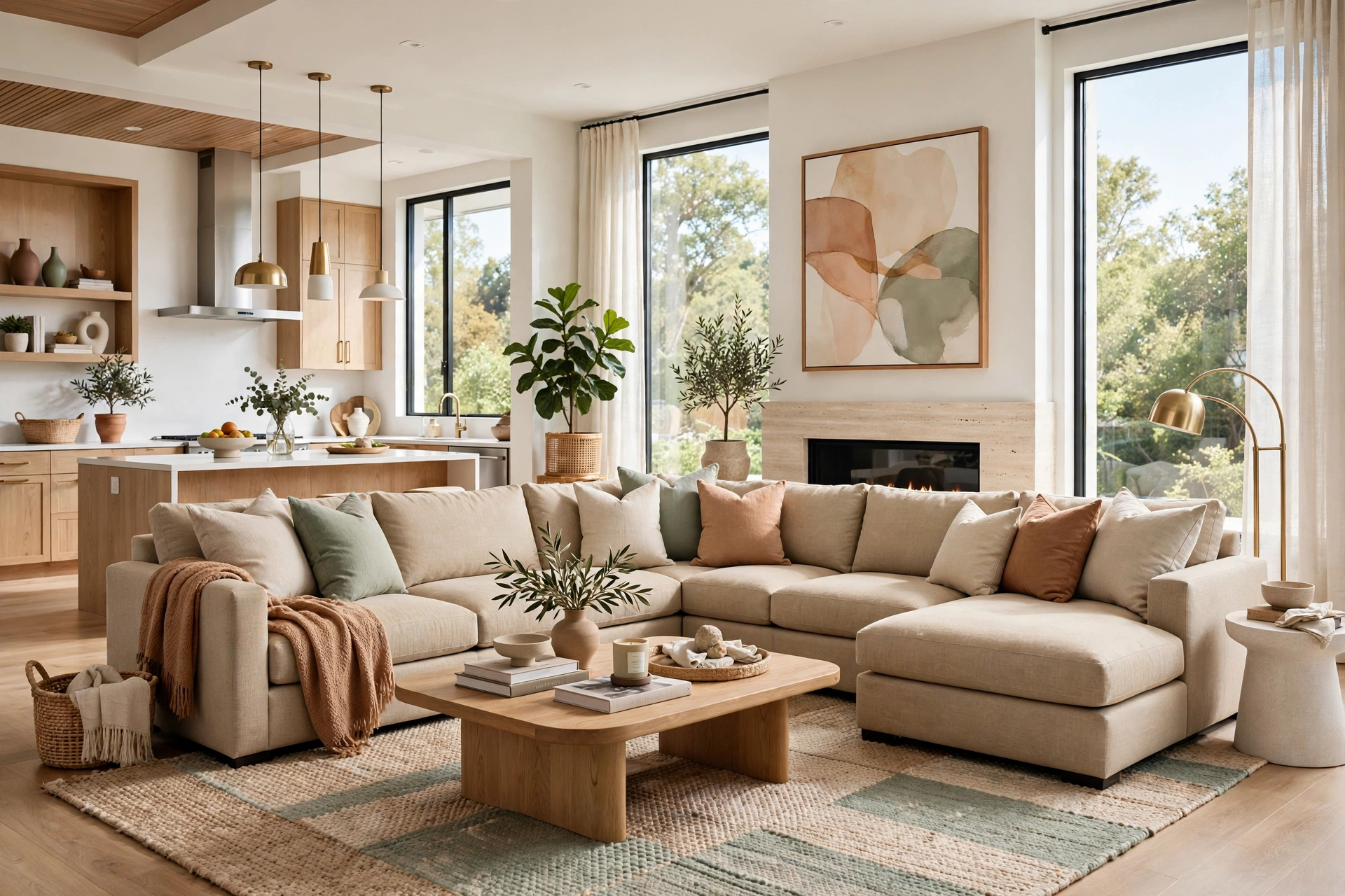 Spacious L-shaped sectional sofa with chaise in a bright modern living room, entire room visible wall-to-wall