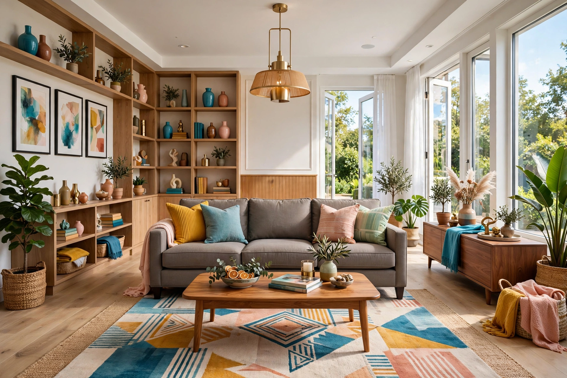 Classic three-seater regular sofa in warm gray fabric in a bright living room, entire room visible wall-to-wall