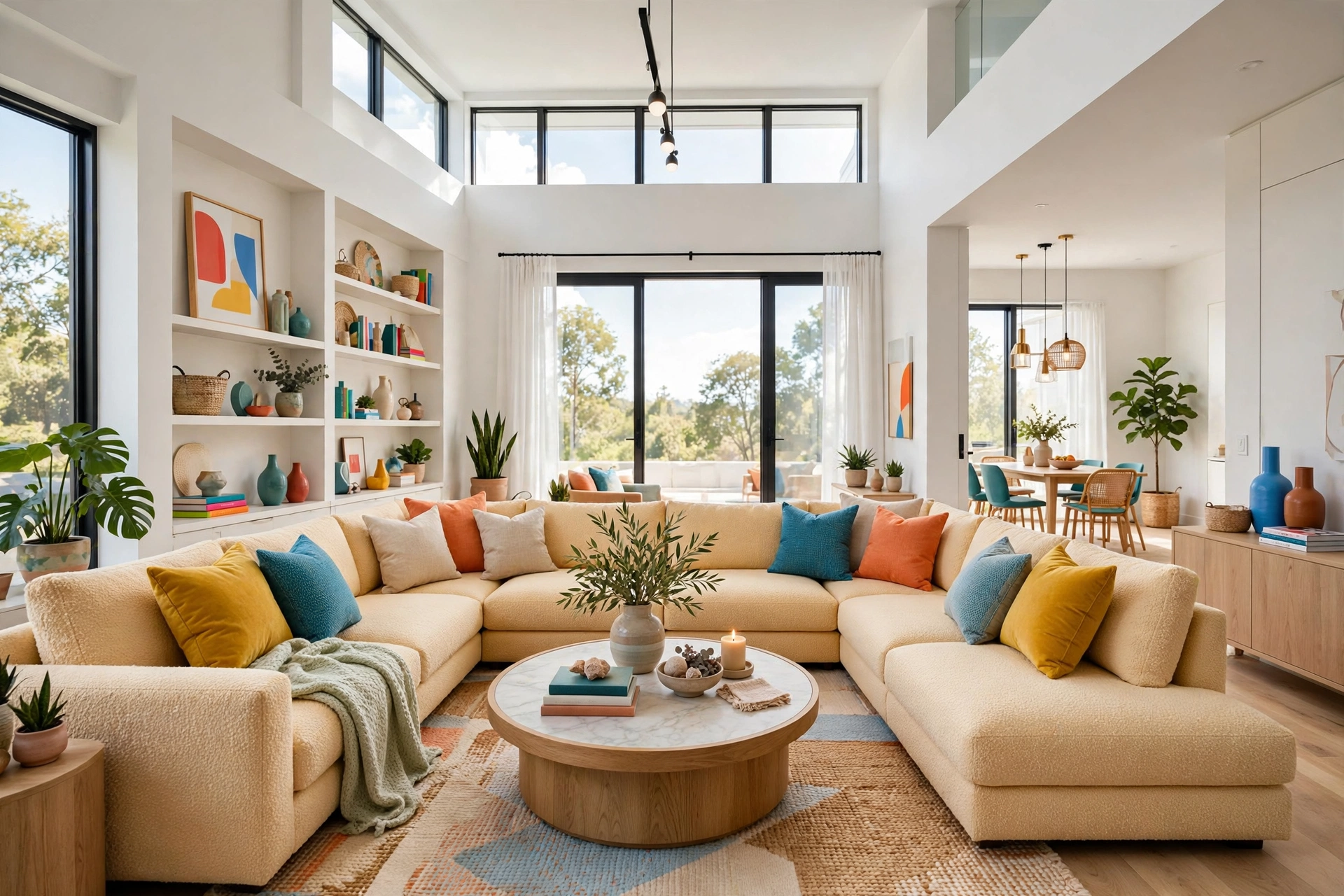 Large U-shaped sectional seating six people around a coffee table in a bright open living room, entire room visible