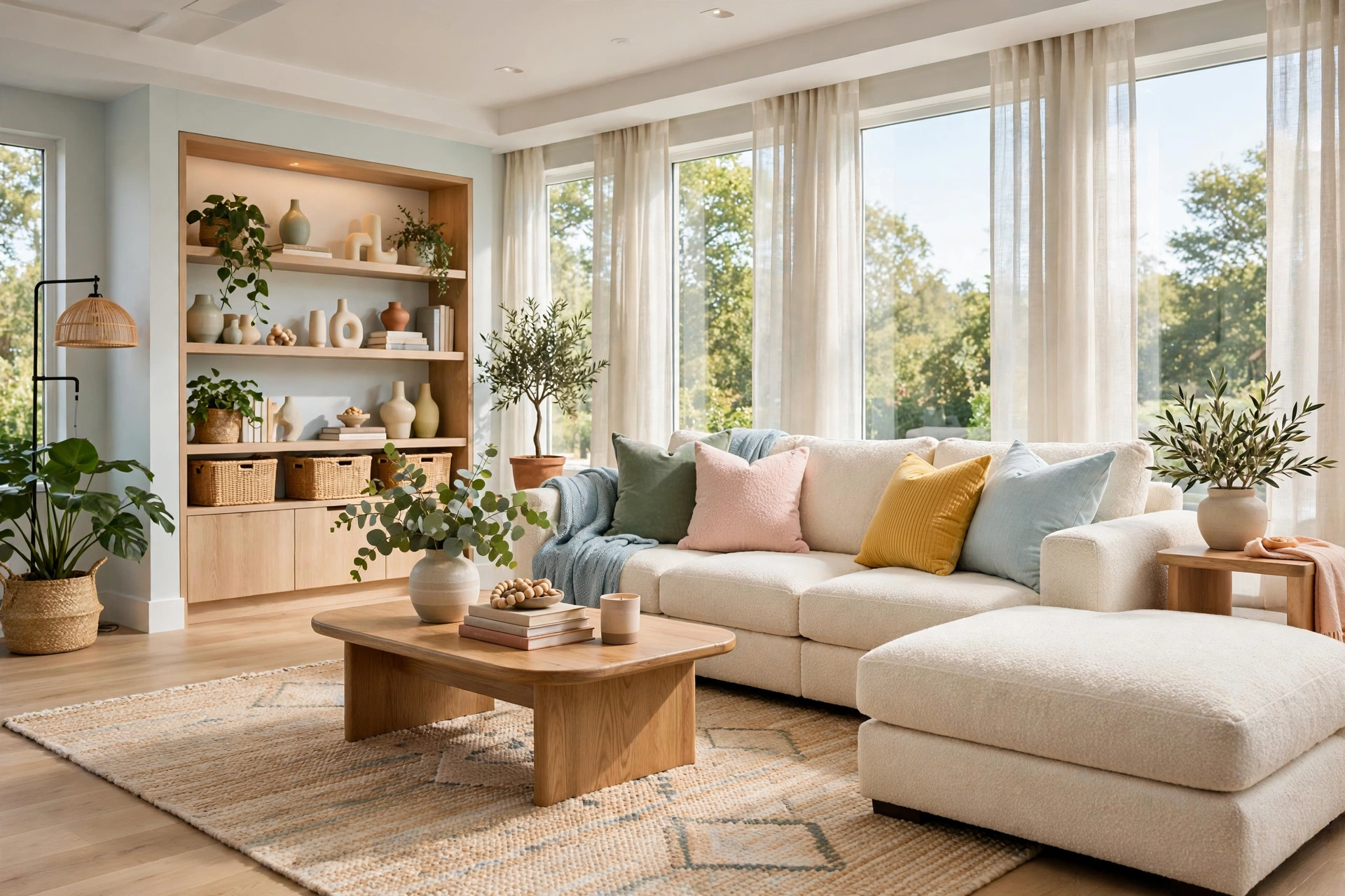 Cozy sectional sofa with extended chaise lounge for stretching out in a bright living room, entire room visible
