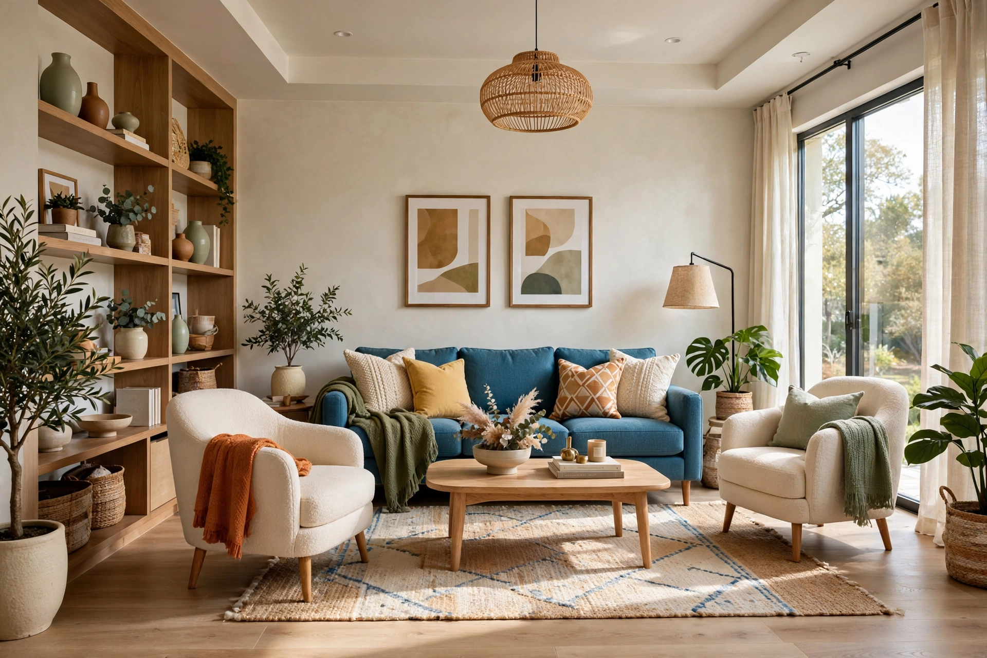 Regular sofa styled against a living room wall with armchairs ready to rearrange, entire room visible