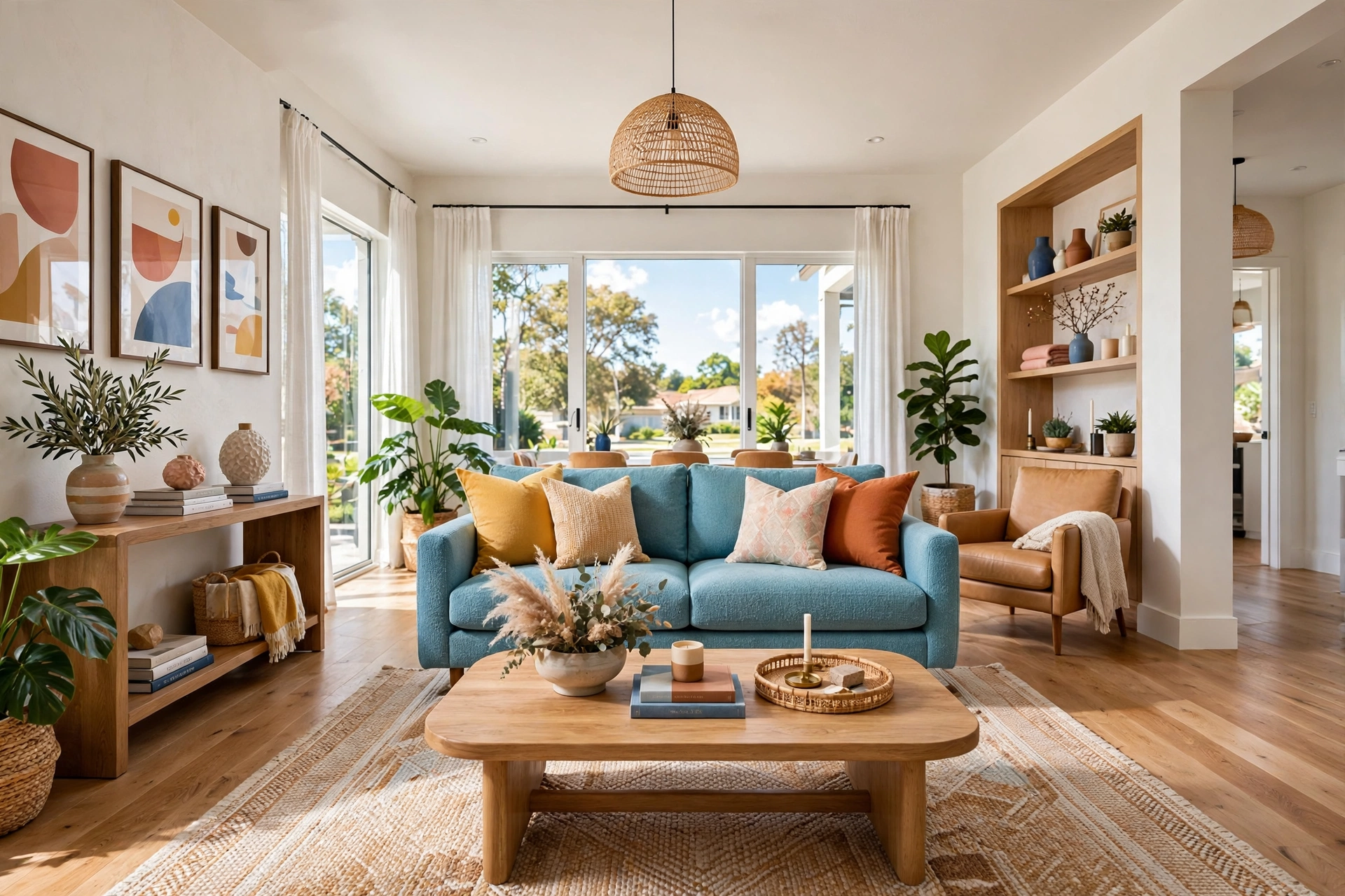 Living room with clear thirty-inch walking lanes around a well-placed sofa, entire room visible