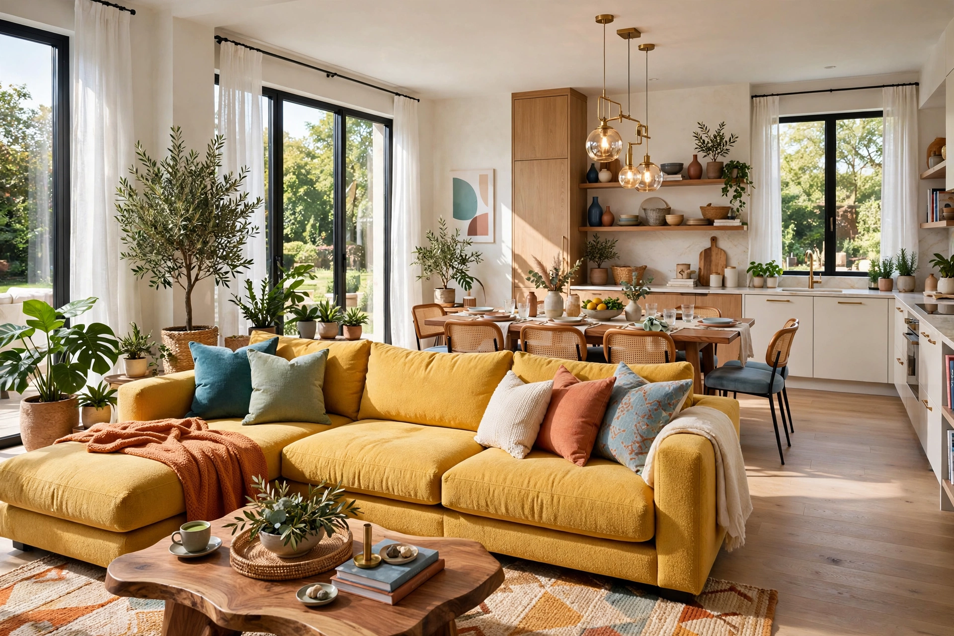 Open-plan living room with a sectional sofa back defining the lounge zone, entire room visible