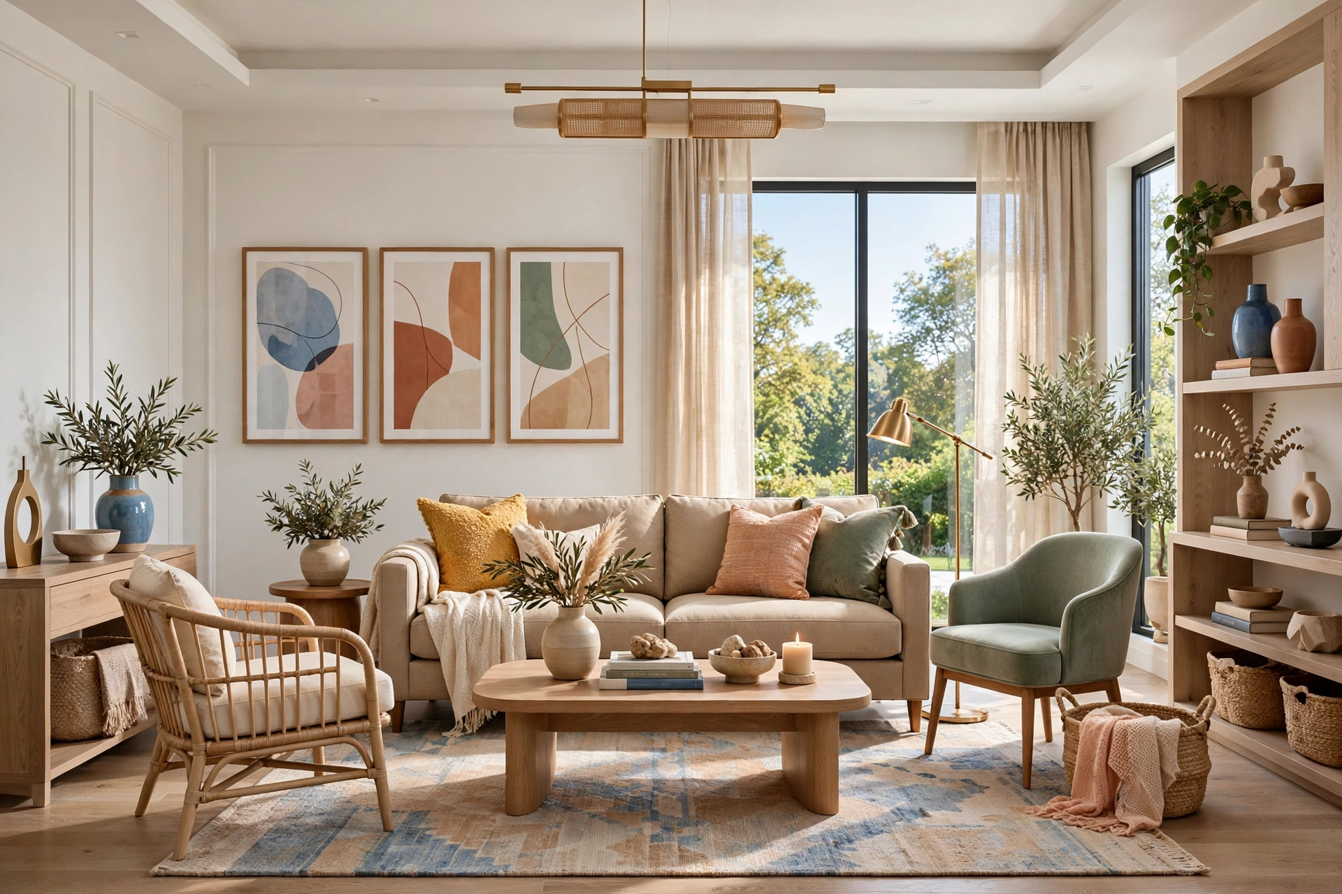 Elegant living room with a regular sofa in warm neutral tones and balanced decor, entire room visible