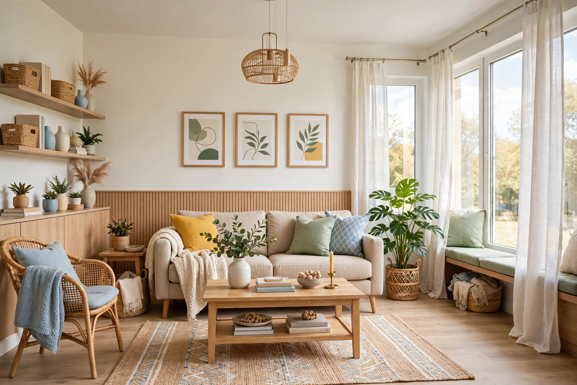 Stylish living room with a quality sofa showing elegant budget-friendly design, entire room visible