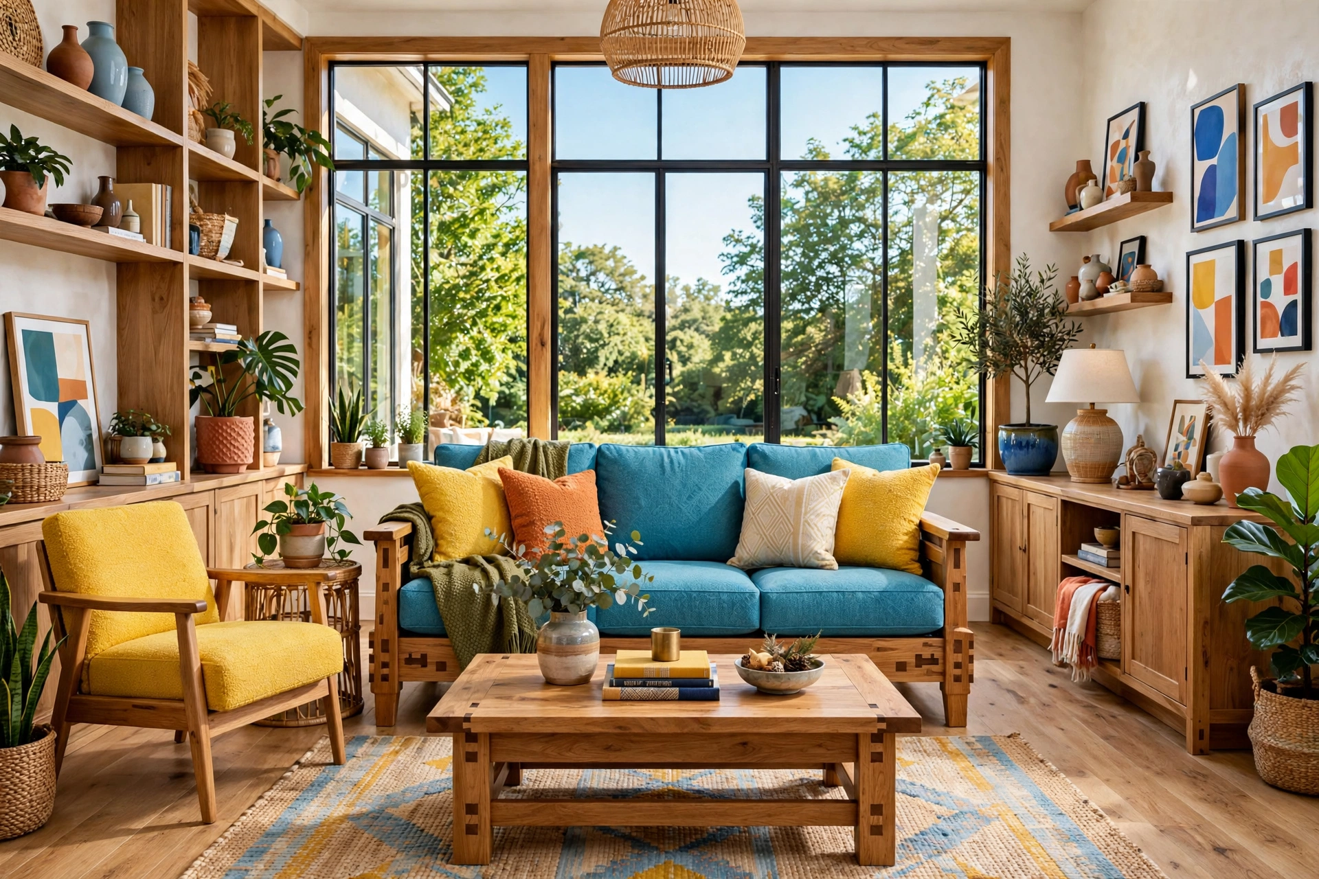 Durable well-built sofa with sturdy hardwood frame in a bright family living room, entire room visible