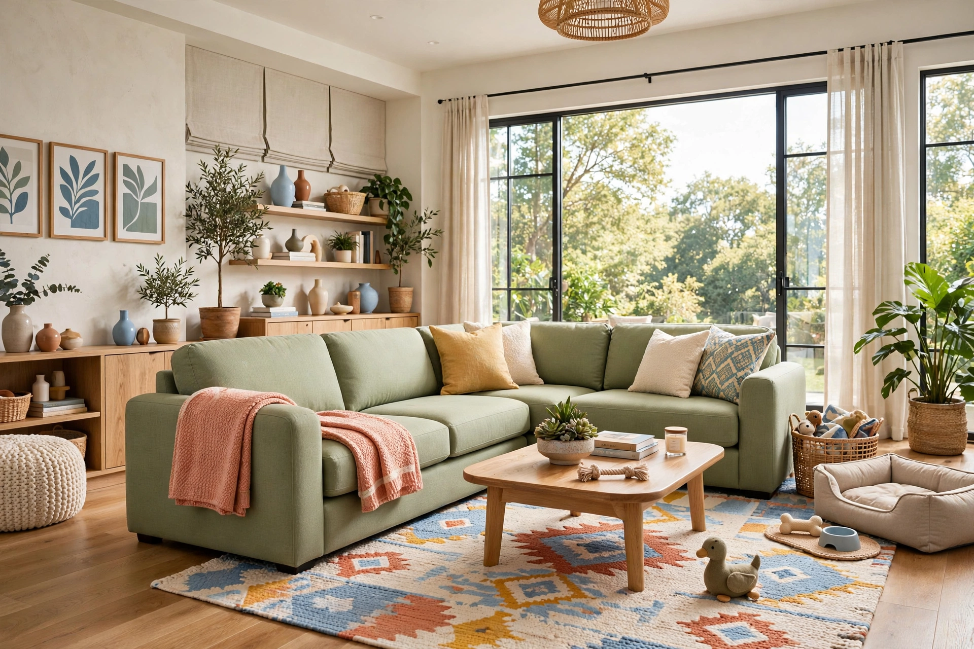 Family-friendly living room with a pet-friendly sofa in washable fabric and toys nearby, entire room visible
