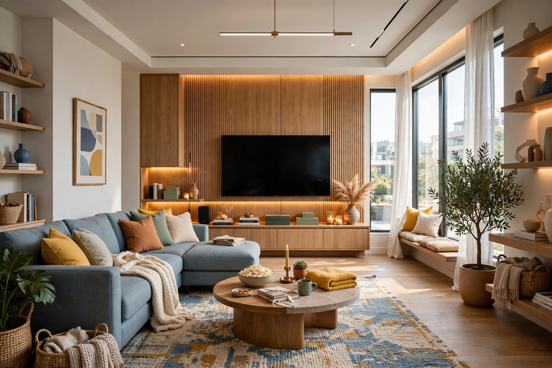 Living room set for movie night with a large comfortable sectional sofa facing the screen, entire room visible