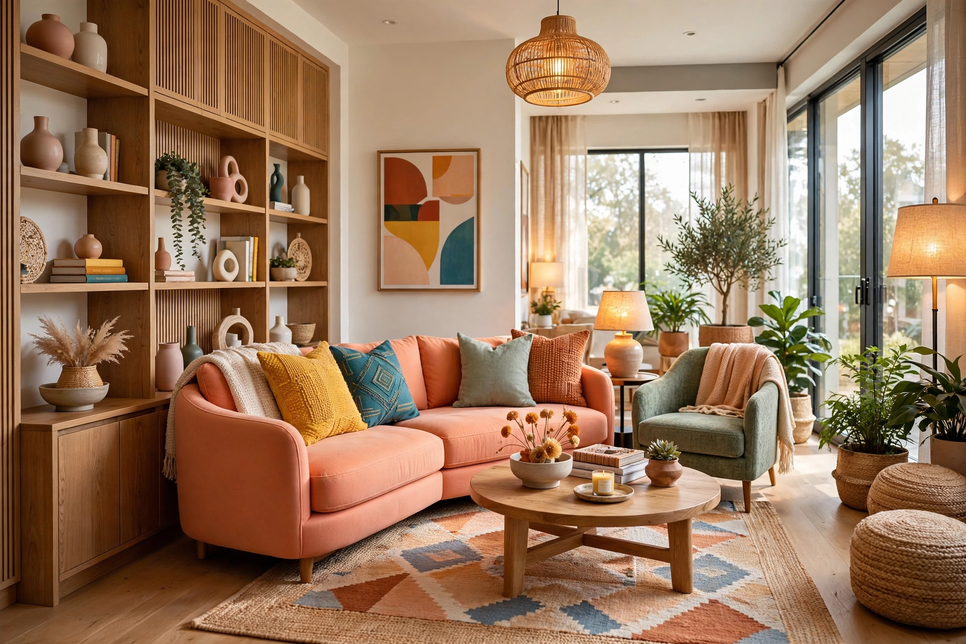 Beautiful finished living room with the perfect sofa choice, bright warm and inviting, entire room visible
