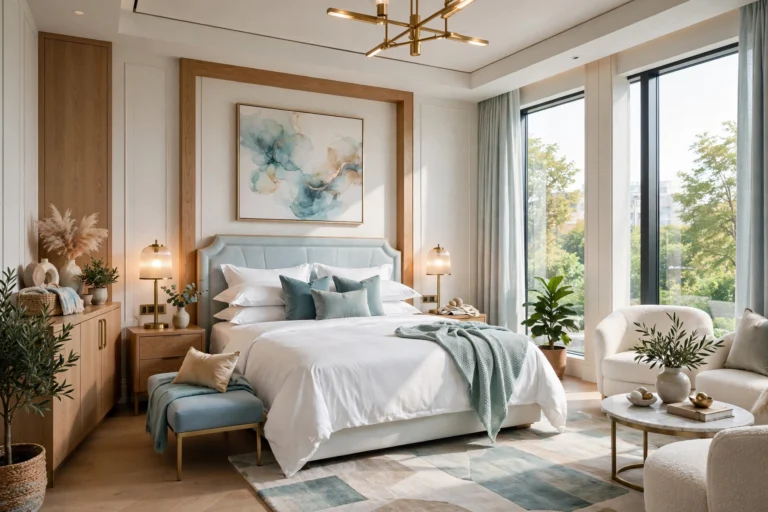 Dreamy luxurious bedroom styled like a 5-star hotel suite with crisp white bedding and elegant decor, entire room visible wall-to-wall