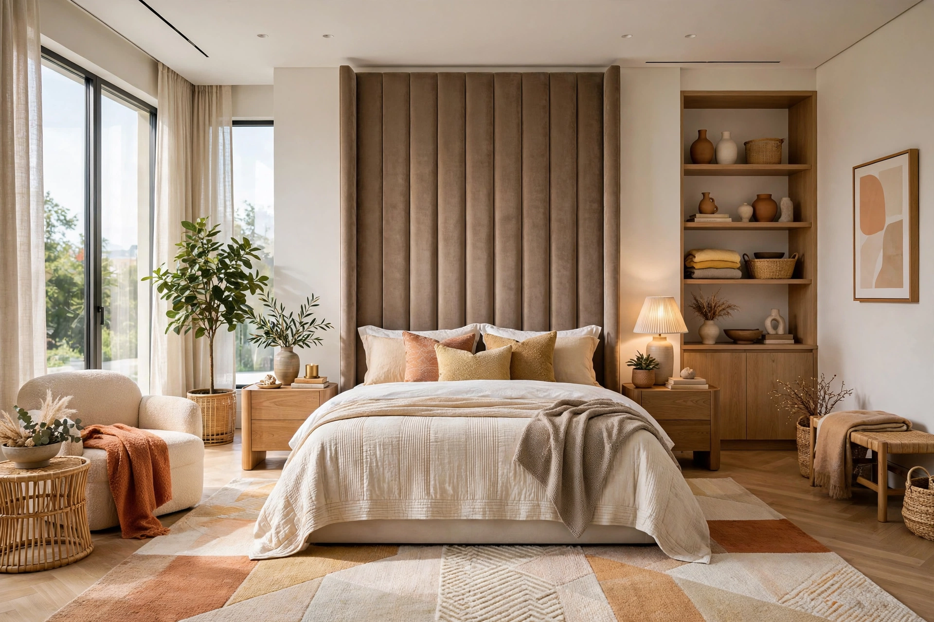Elegant bedroom with a tall upholstered velvet headboard in warm taupe, entire room visible wall-to-wall