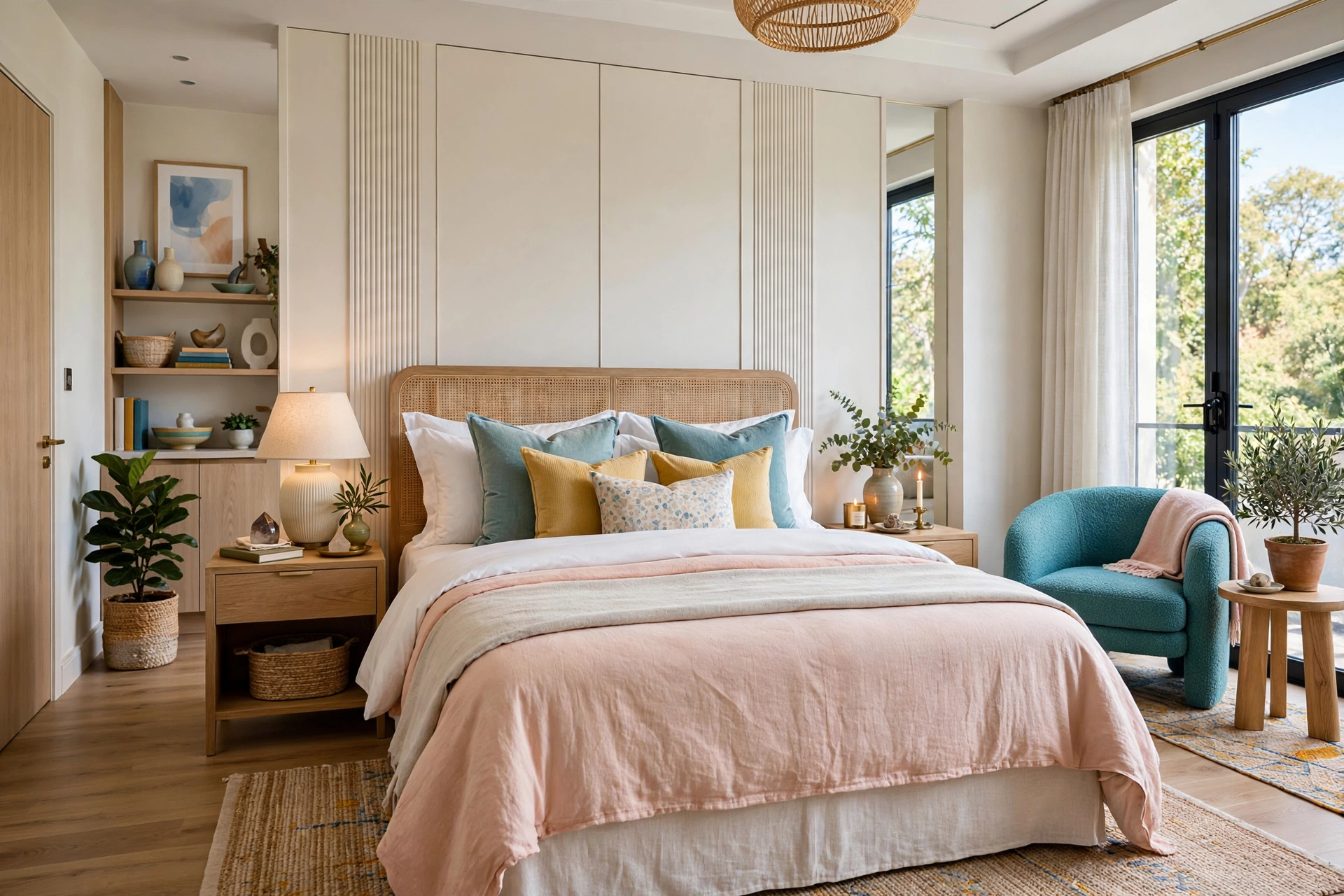 Beautifully layered hotel-style bed with folded sheets and duvet in a bright bedroom, entire room visible
