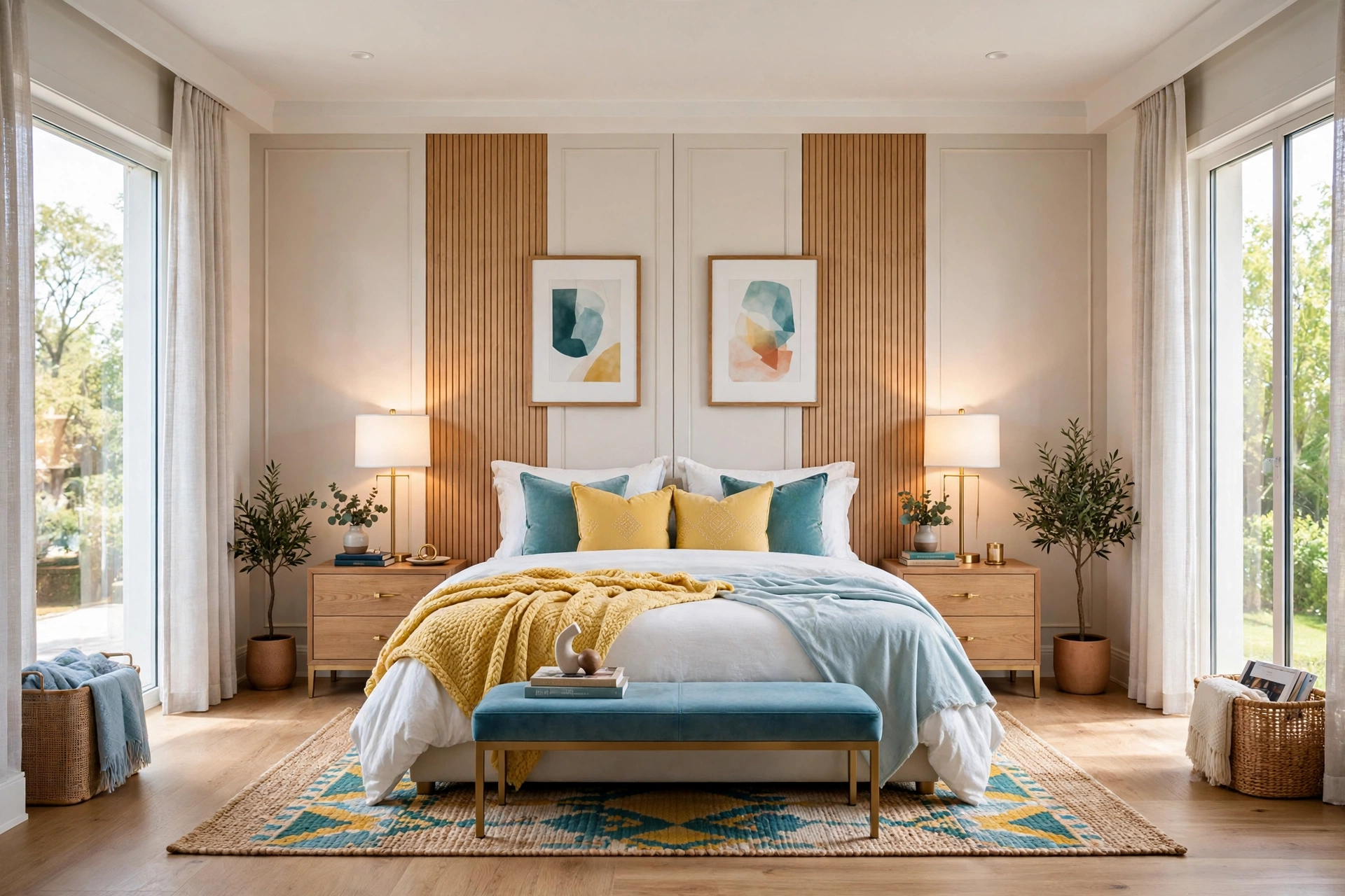 Bedroom with perfect bedside symmetry: matching nightstands and lamps on both sides, entire room visible