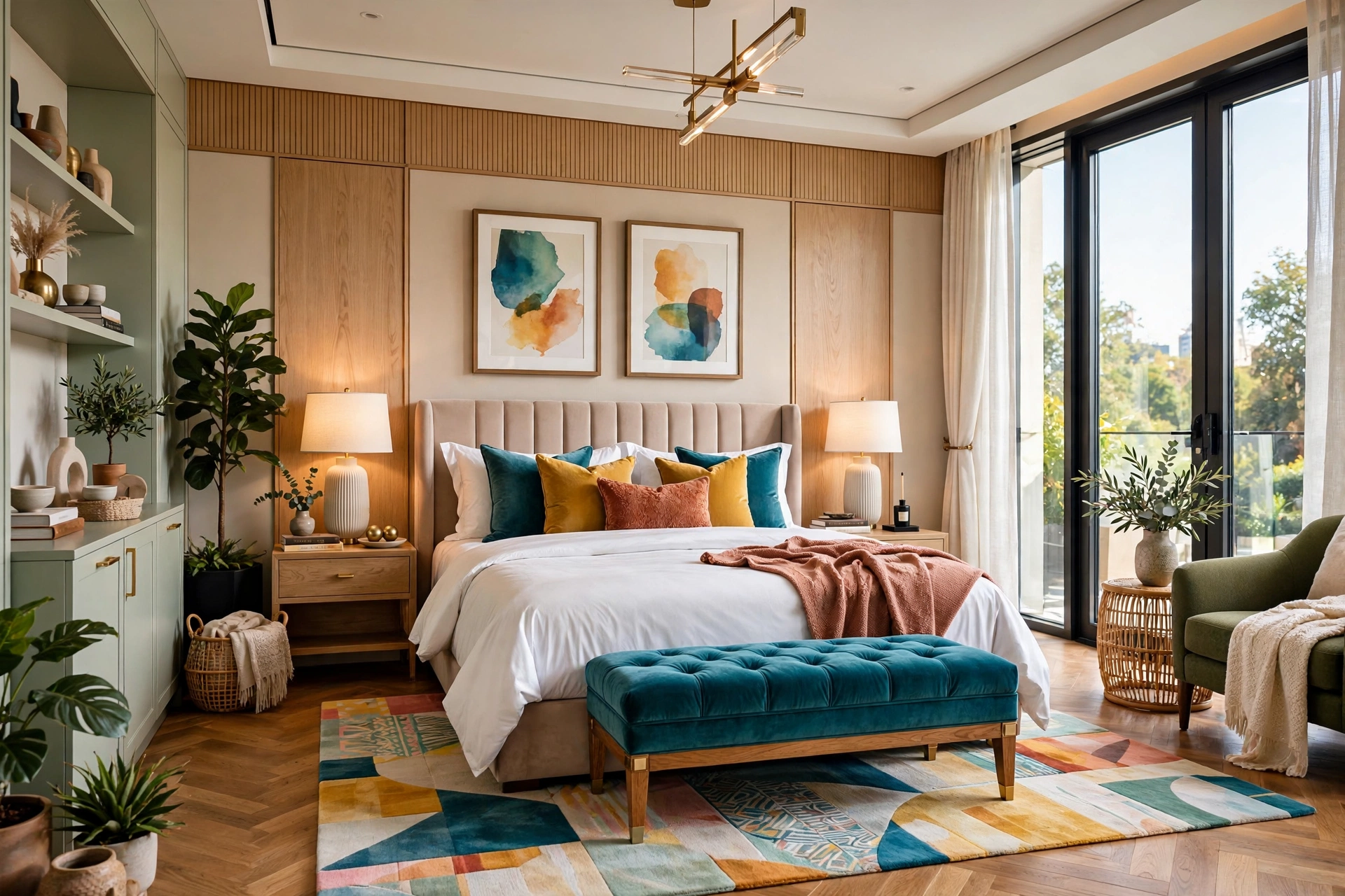 Luxury bedroom with an upholstered bench at the foot of the bed, entire room visible wall-to-wall