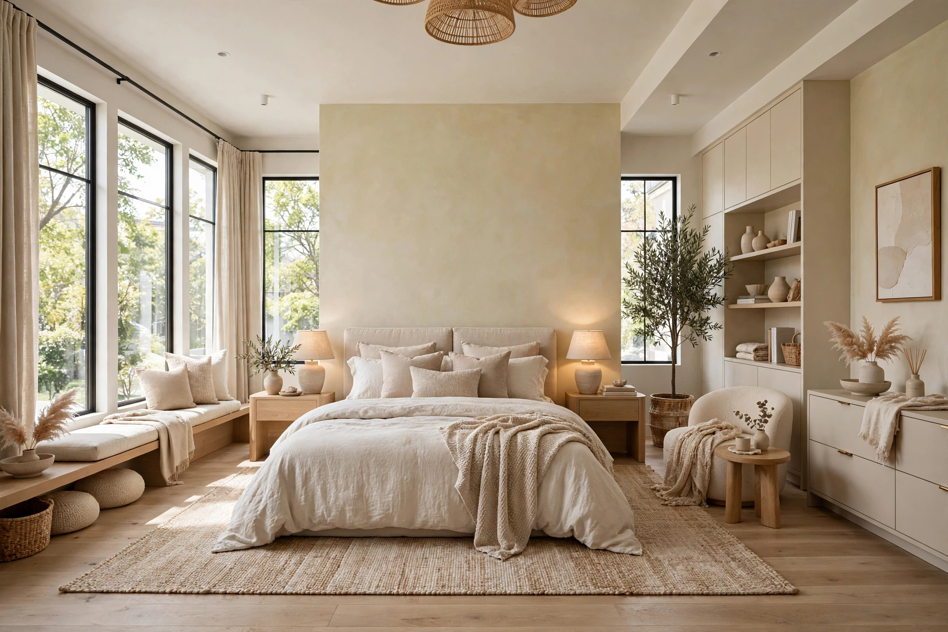 Serene bedroom in a calm low-contrast palette of warm whites and soft beige, entire room visible